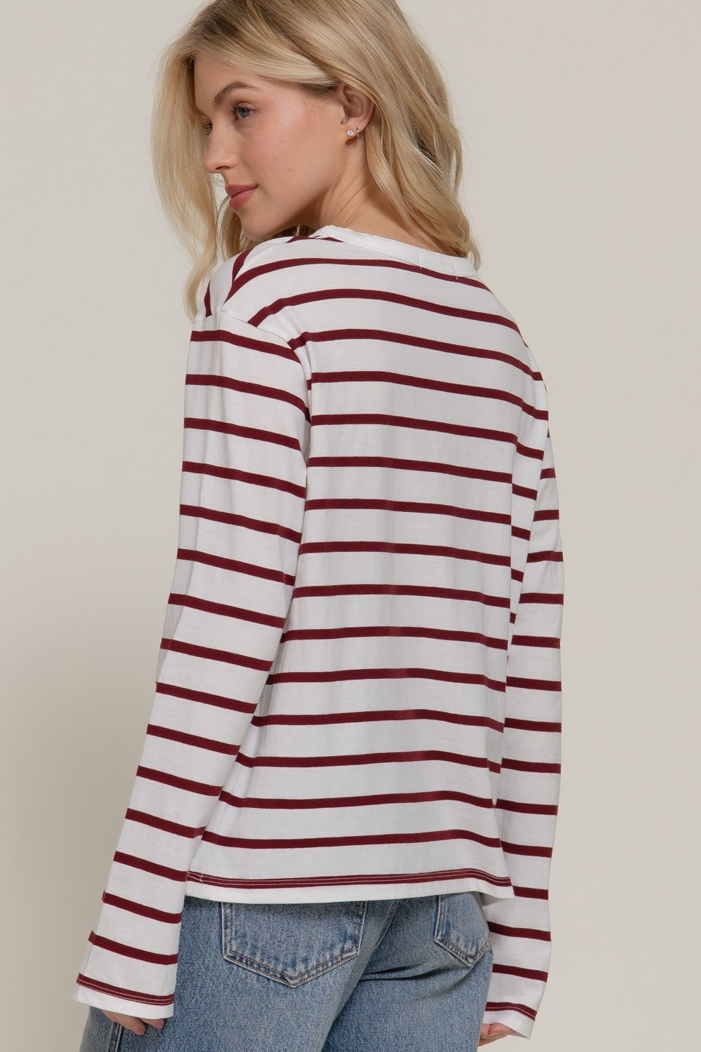 New ACTIVE BASIC Wine stripe Cream Size S Long Sleeve Tee