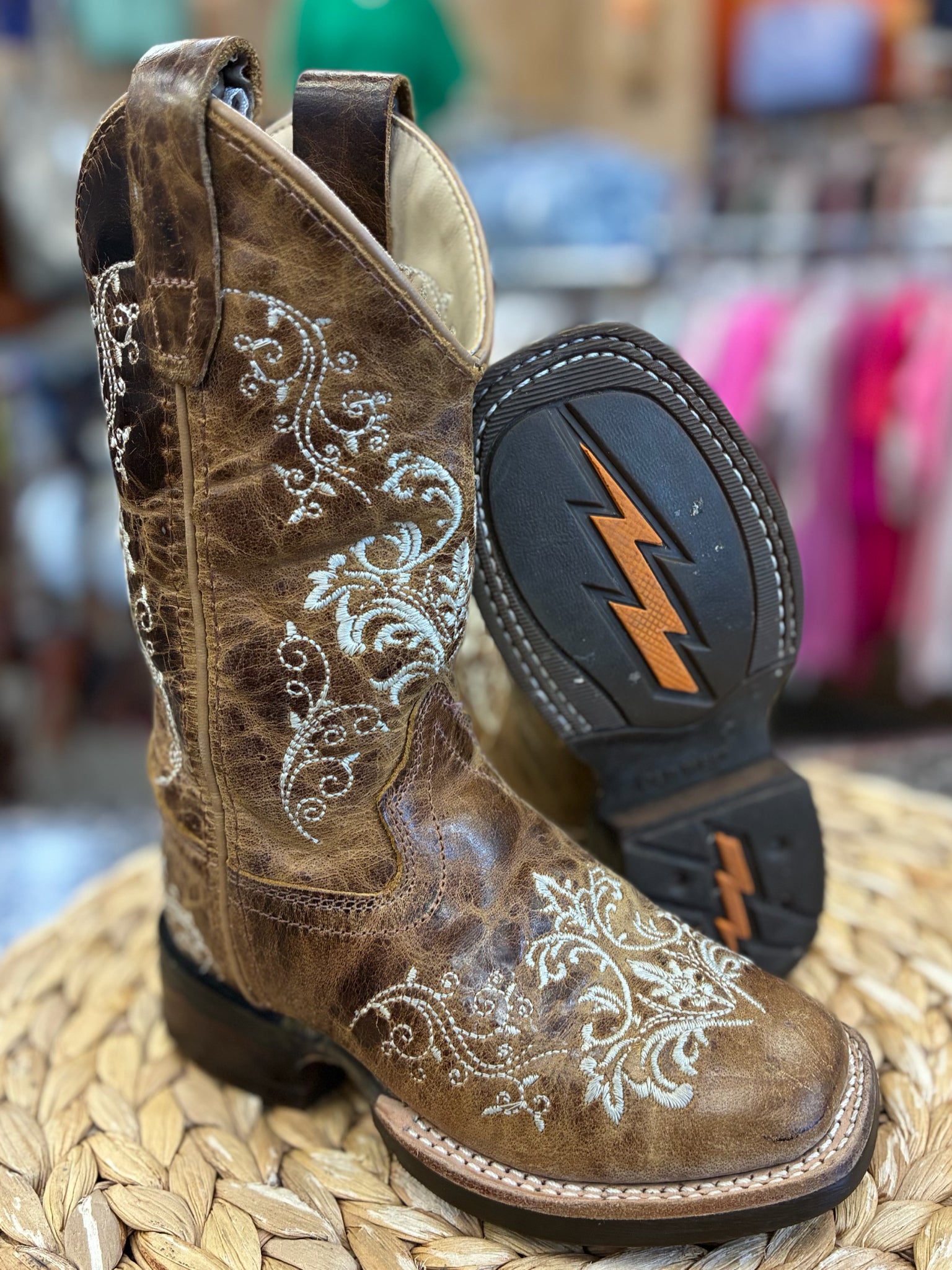 Pre-owned OLD WEST Brown White Floral Shoe Size 9 Girls Boot