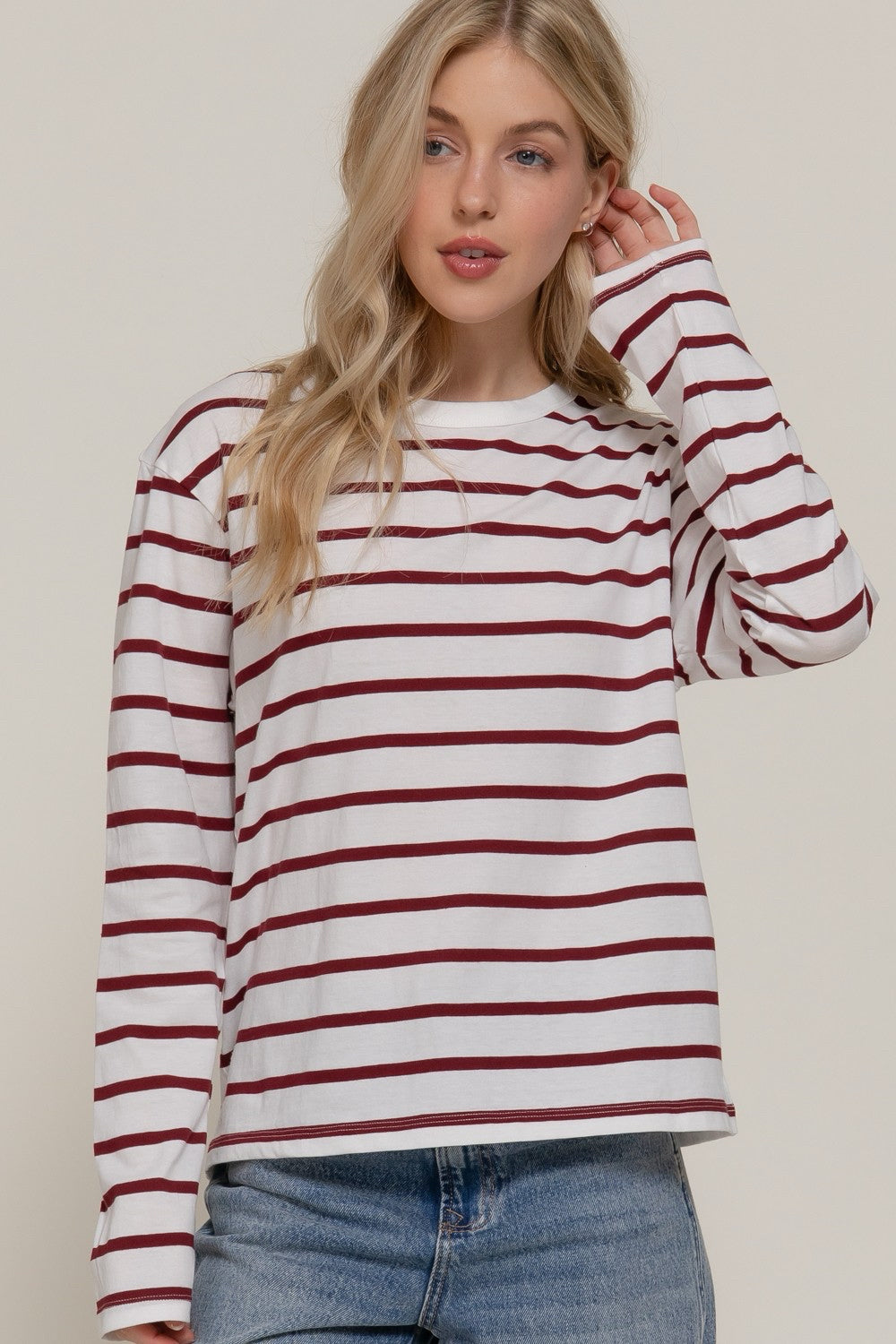 New ACTIVE BASIC Wine stripe Cream Size S Long Sleeve Tee