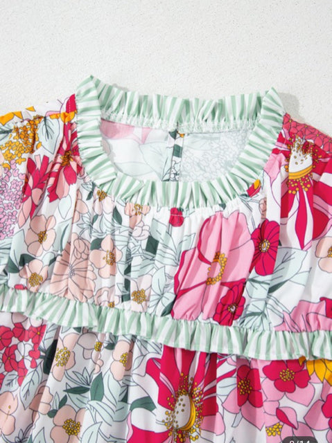 New FW Pink floral Green Stripe Trim Size S Short Sleeve Blouse