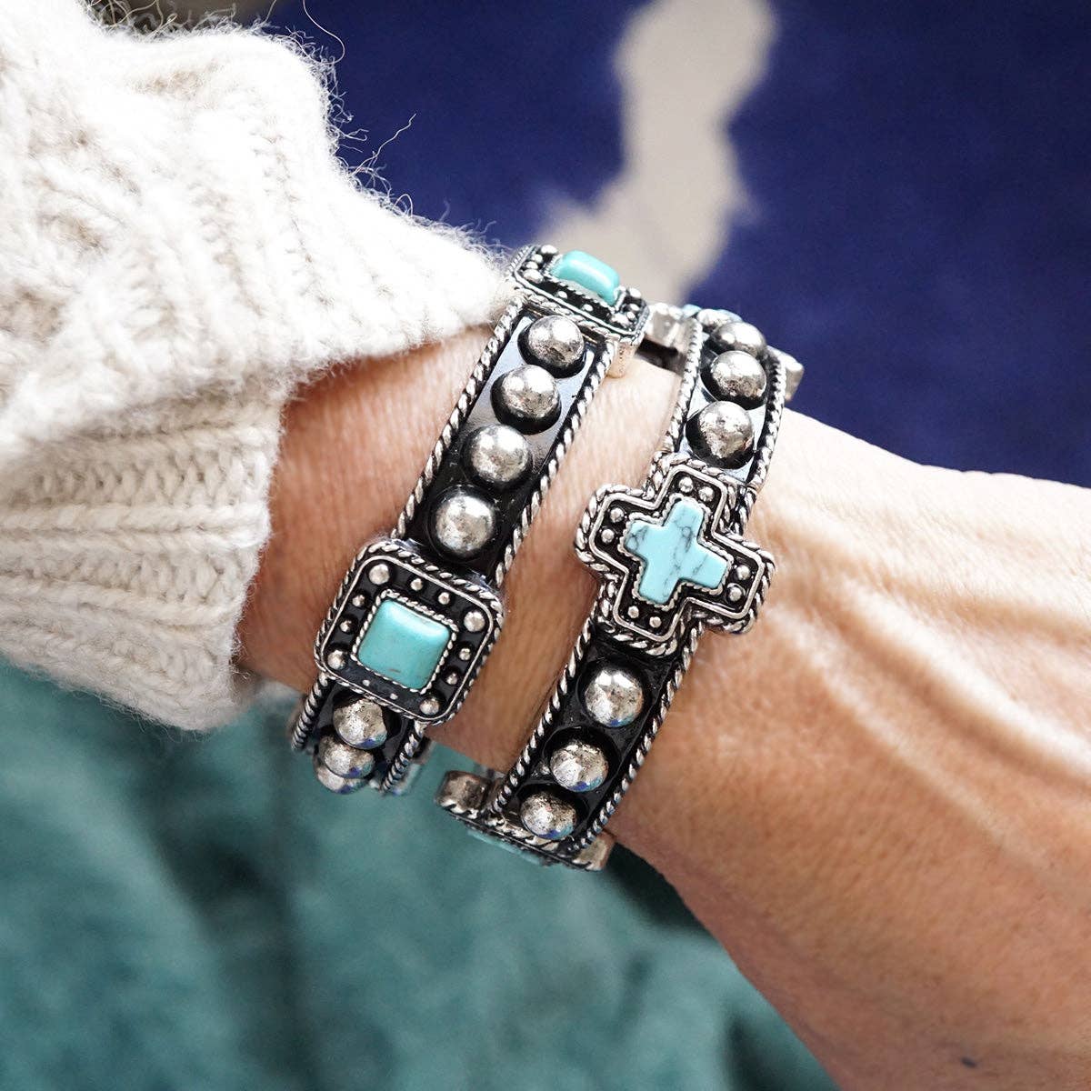 Desert Song – Boho Western Stretch Bangles with Turquoise: Cross
