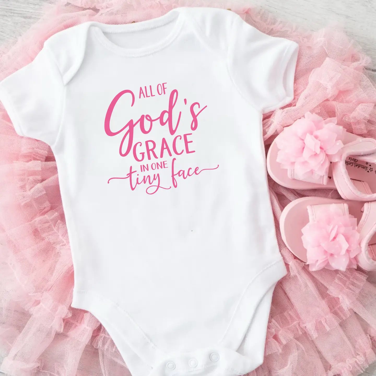 New Faith Life Christian White Pink Trim Size Newborn Short Sleeve Girls Jumper