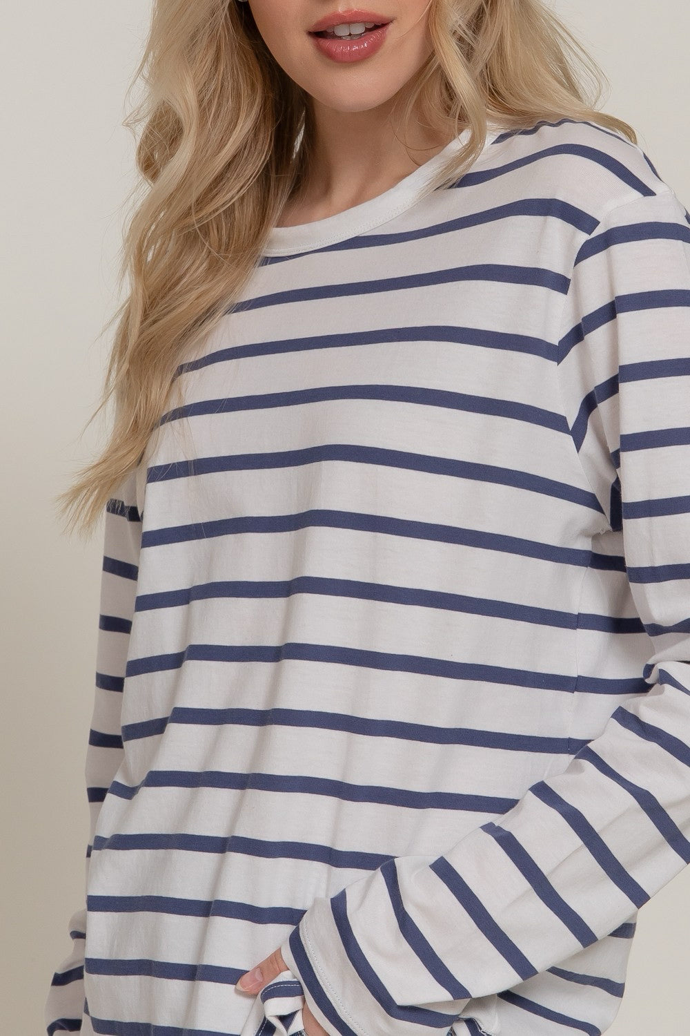 New ACTIVE BASIC Blue stripe Ivory Size S Long Sleeve Tee