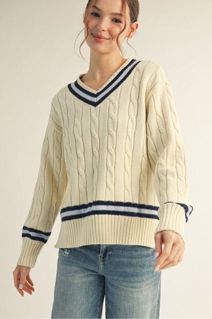 New JODIFL Ivory Blue Trim Size S Long Sleeve Sweater