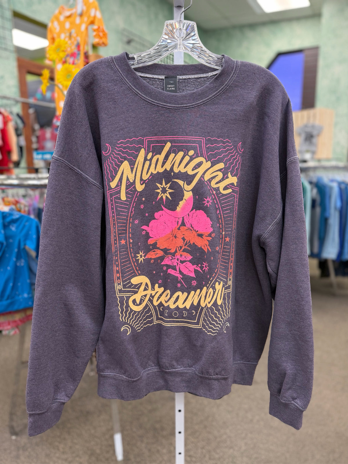 New with Tag SWEET CLAIRE Gray Pink Print Size L/XL Long Sleeve Sweatshirt