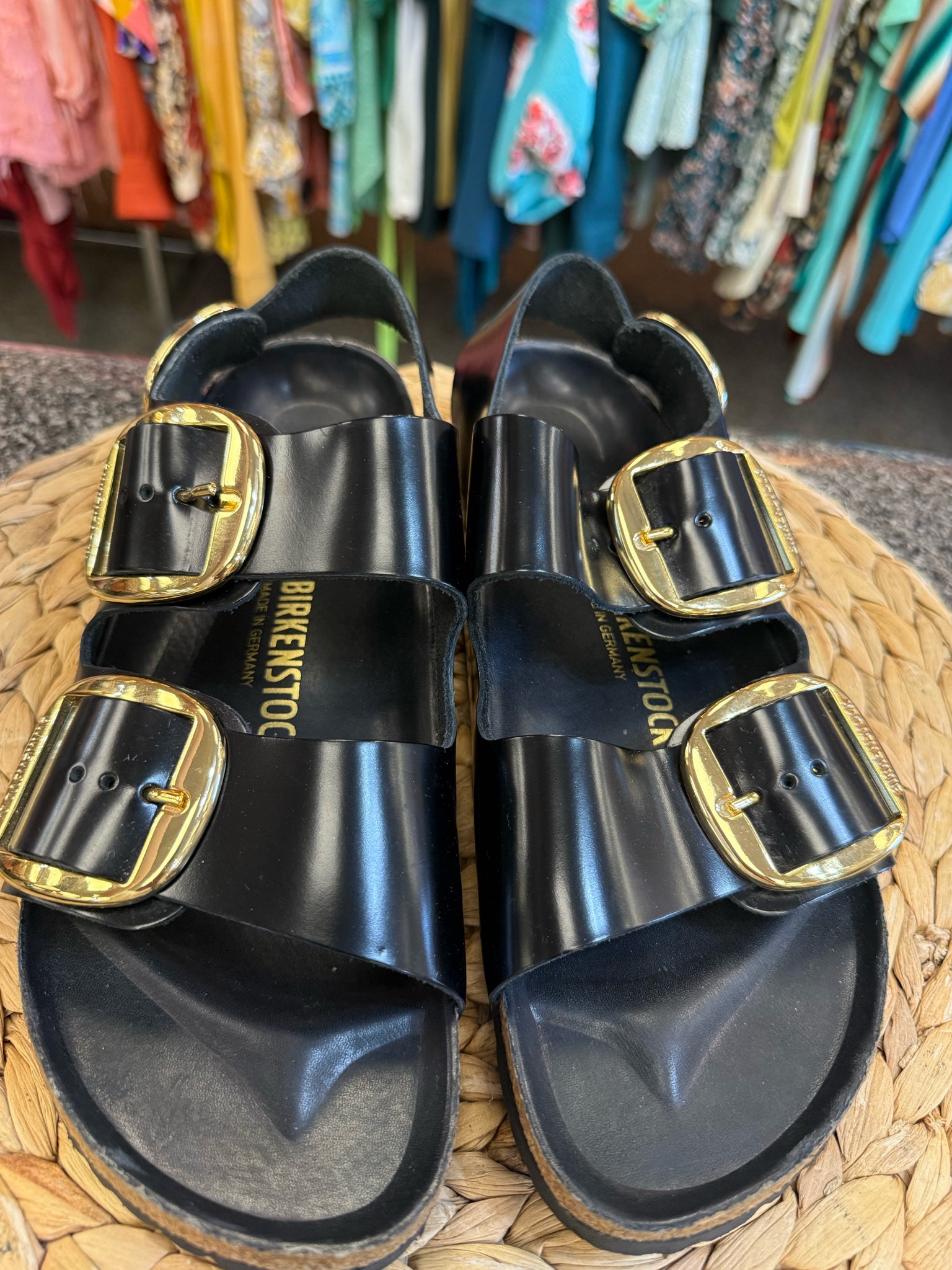 Pre-owned BIRKENSTOCK Black Gold Trim Size 10 Designer Sandal