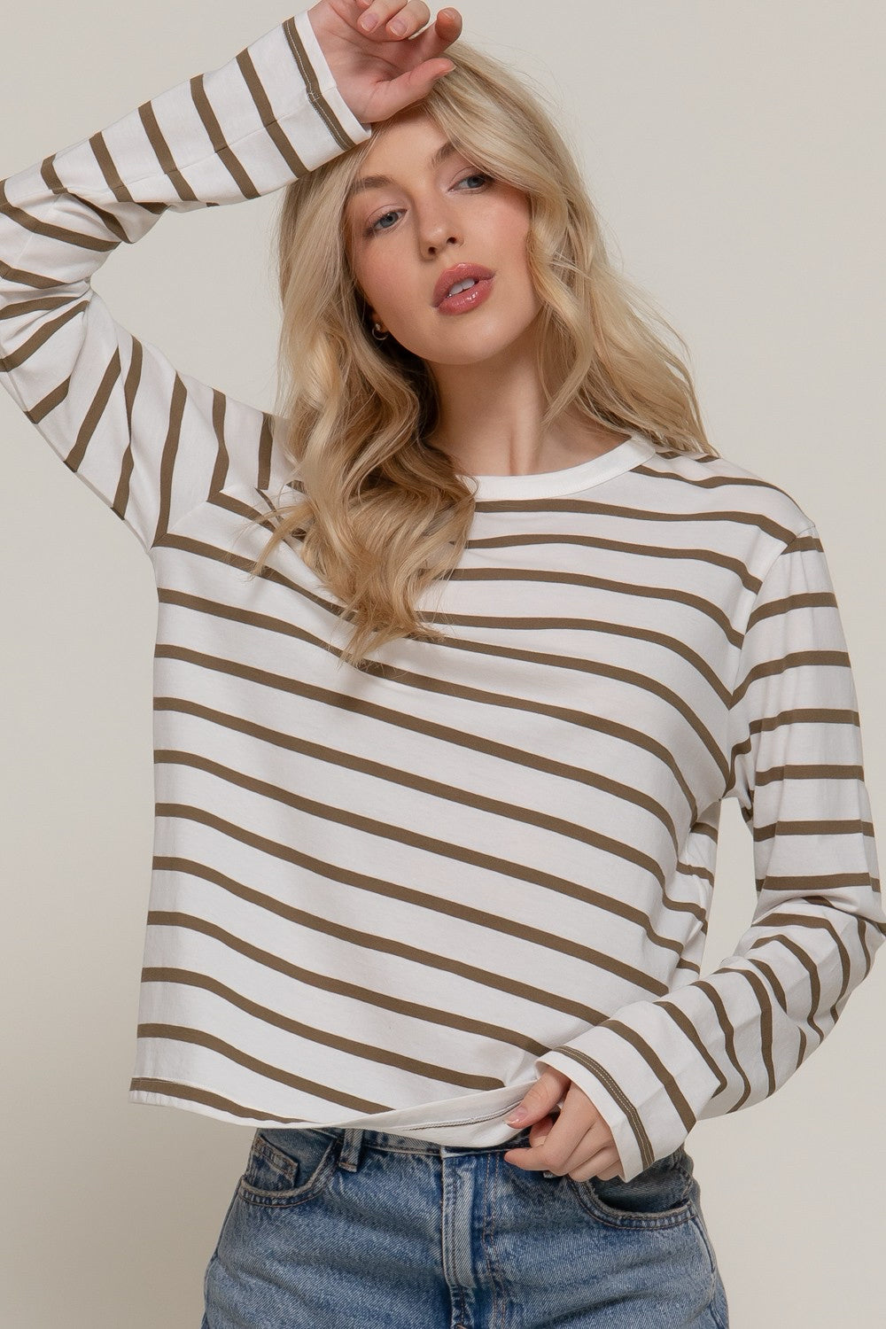 New ACTIVE BASIC Olive stripe Ivory Size S Long Sleeve Tee