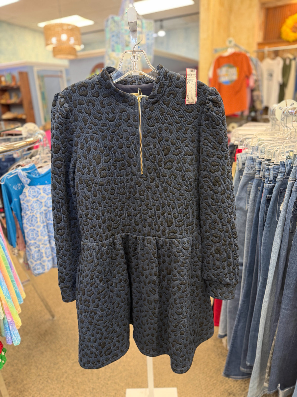 Pre-owned SSYS Navy Black Animal Size 8 Long Sleeve Designer Dress
