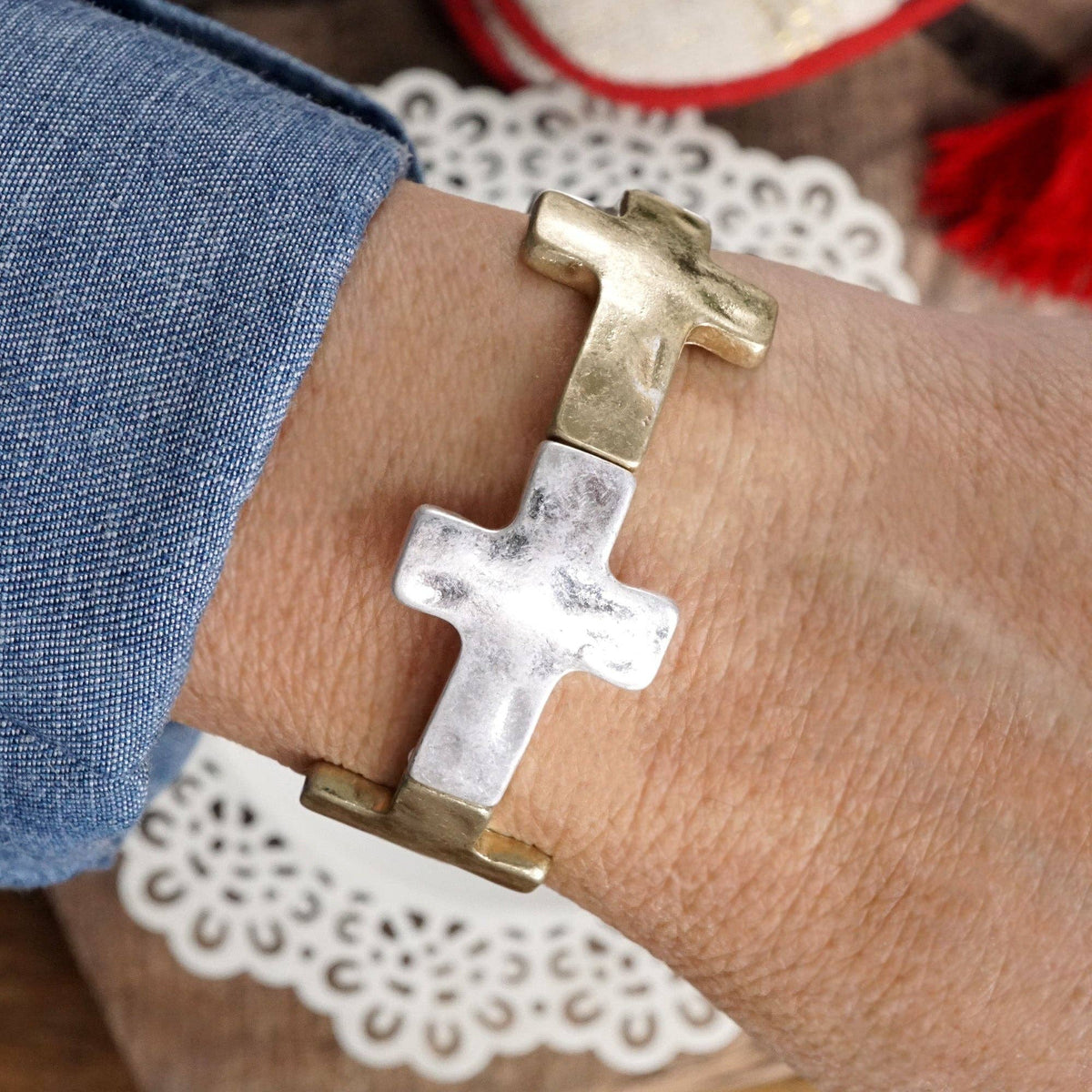 Hammered Sideways Cross Bracelet in Worn Silver Gold Tone Boho Style: Worn Gold Tone