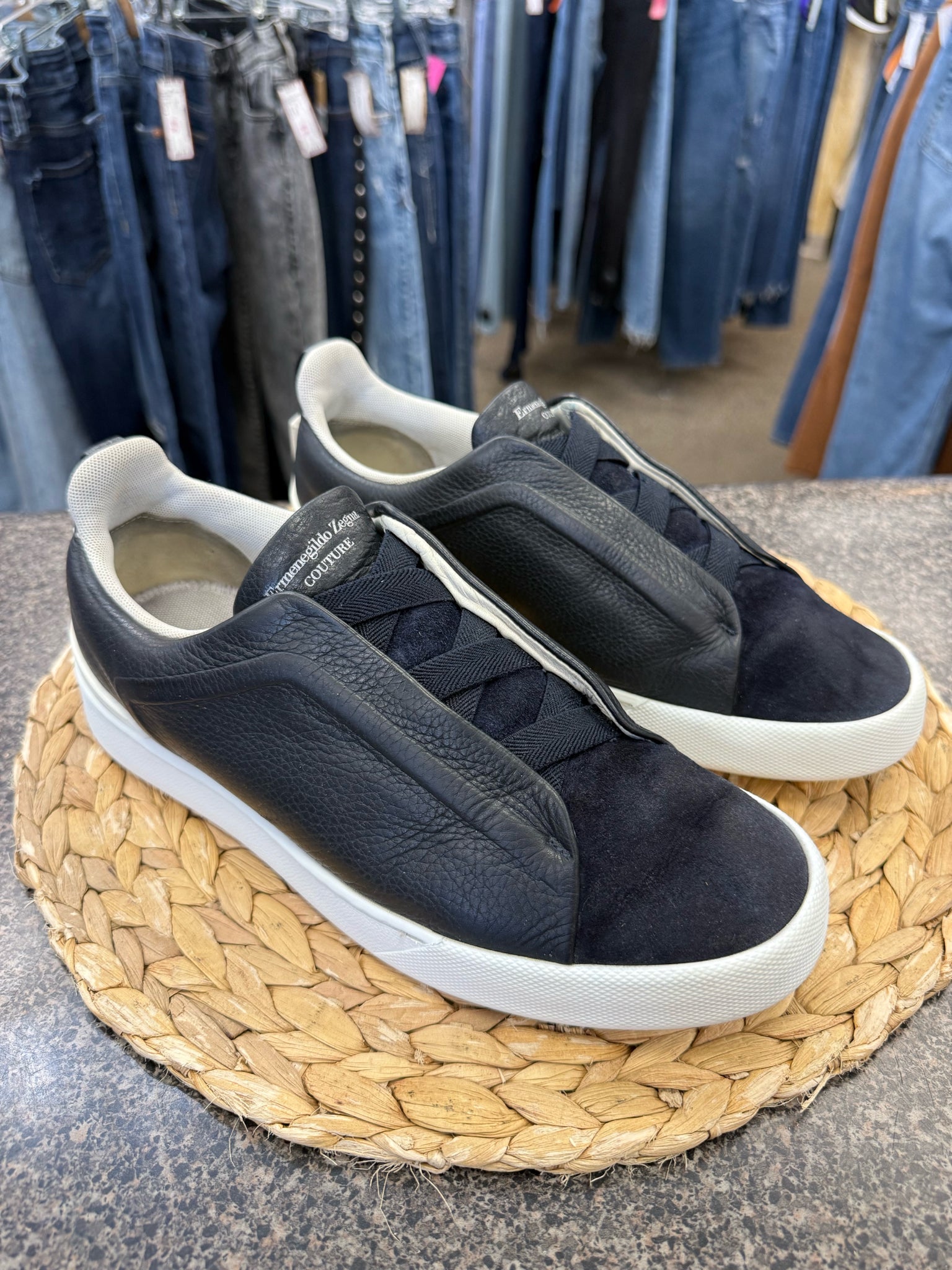 Pre-owned ZEGNA Black Navy Trim SHOE SIZE 7.5 MENS Designer Sneaker