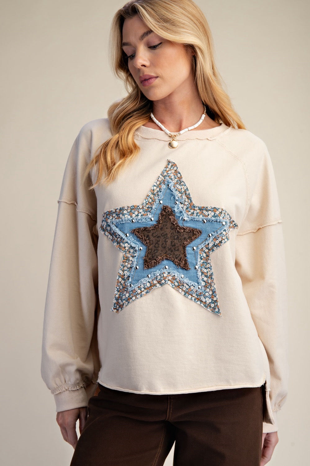 New EASEL Cream Denim Trim Size: S Long Sleeve Blouse