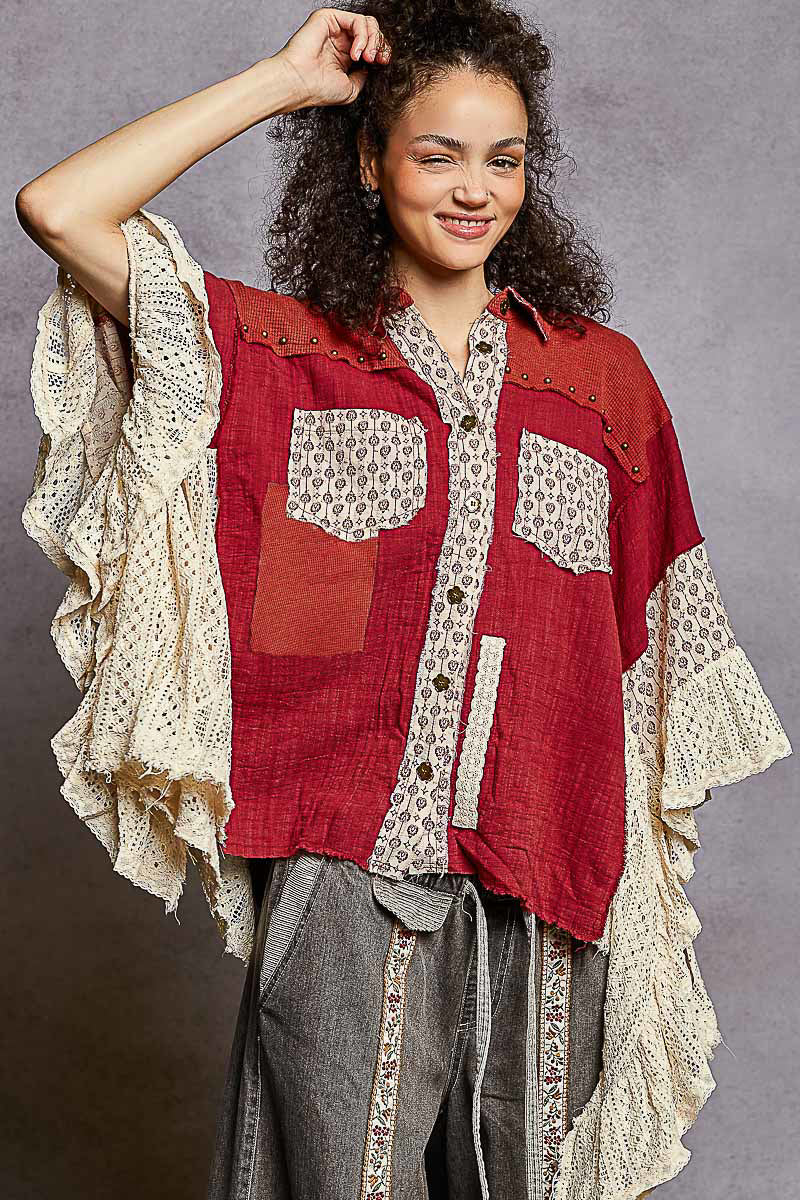 New POL Wine Cream Trim Size M/L Quarter Sleeve Blouse