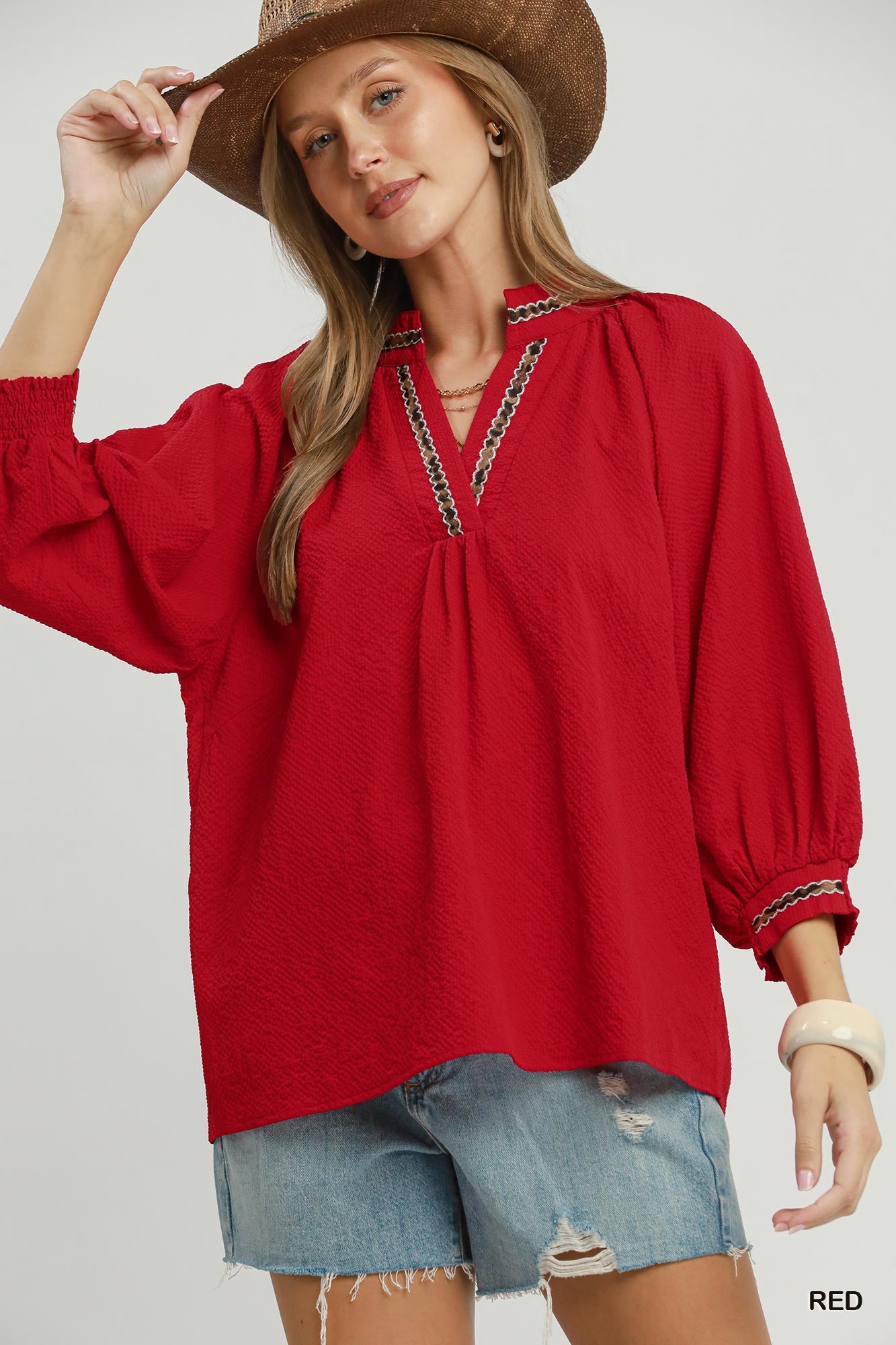 New UMGEE Red Leopard Trim Size: S Quarter Sleeve Blouse
