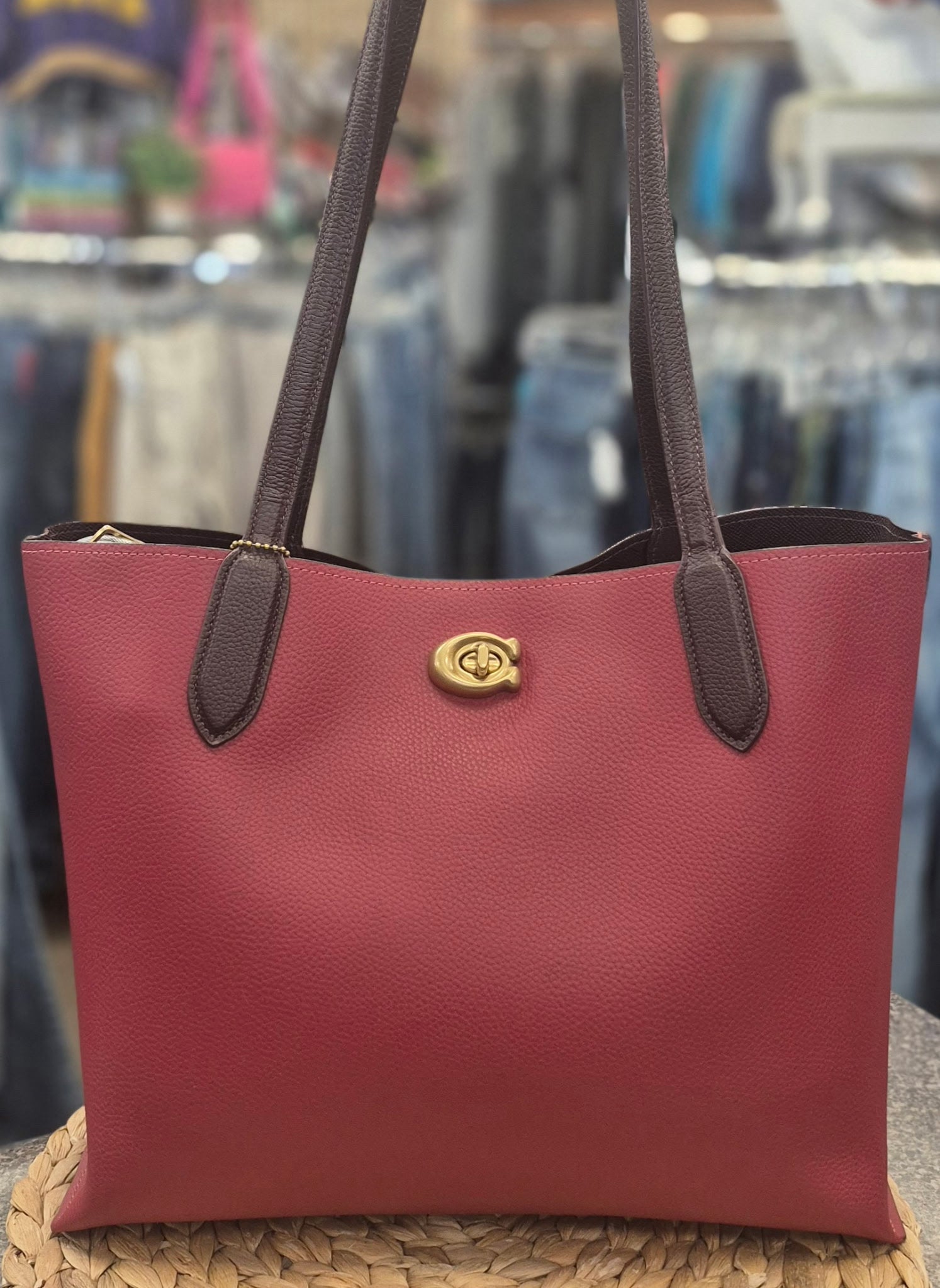 Pre-owned COACH DEEP RED Dark Purple Trim Tote Designer Purse