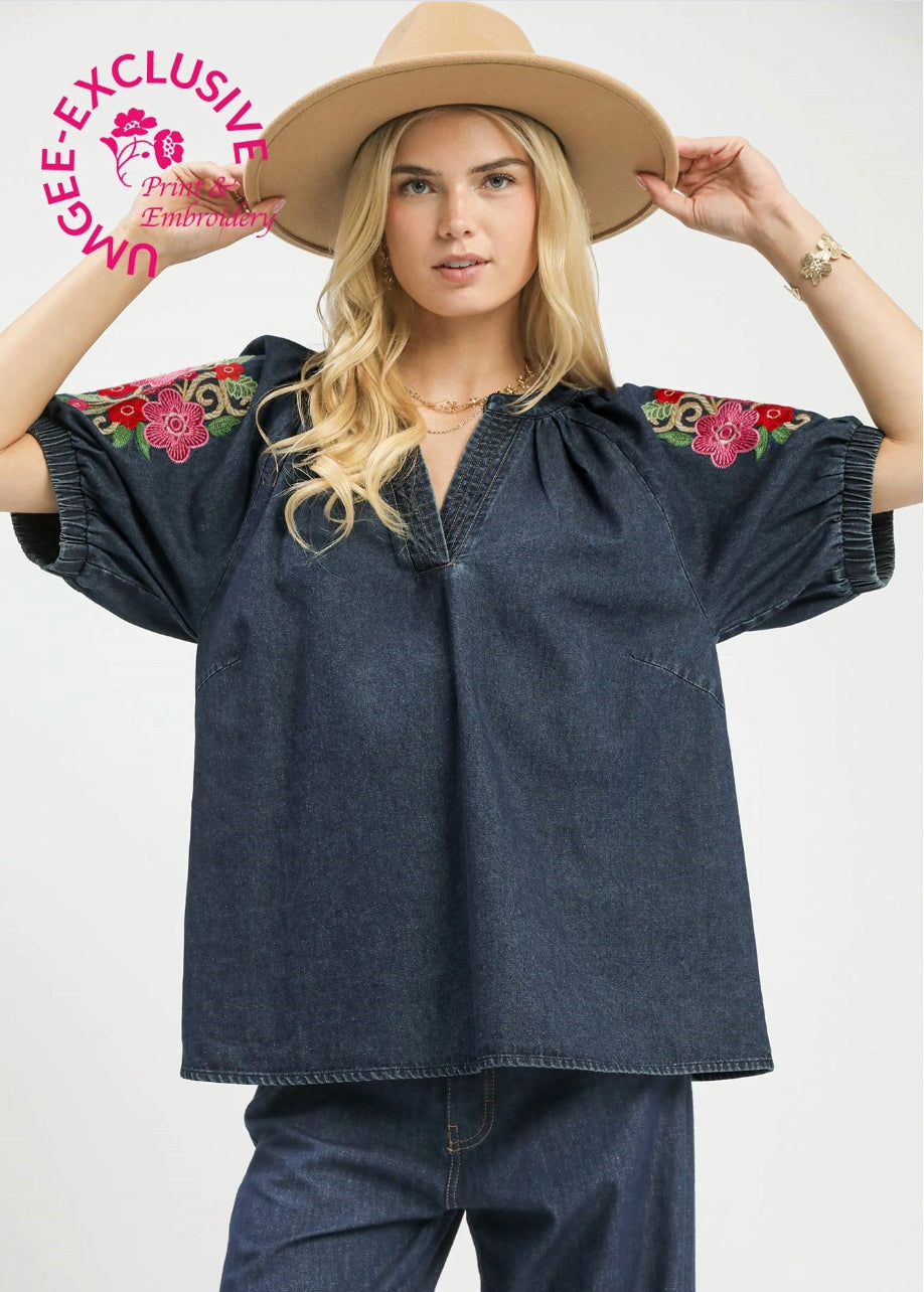New UMGEE Dark Denim Multi Trim Size: S Short Sleeve Blouse