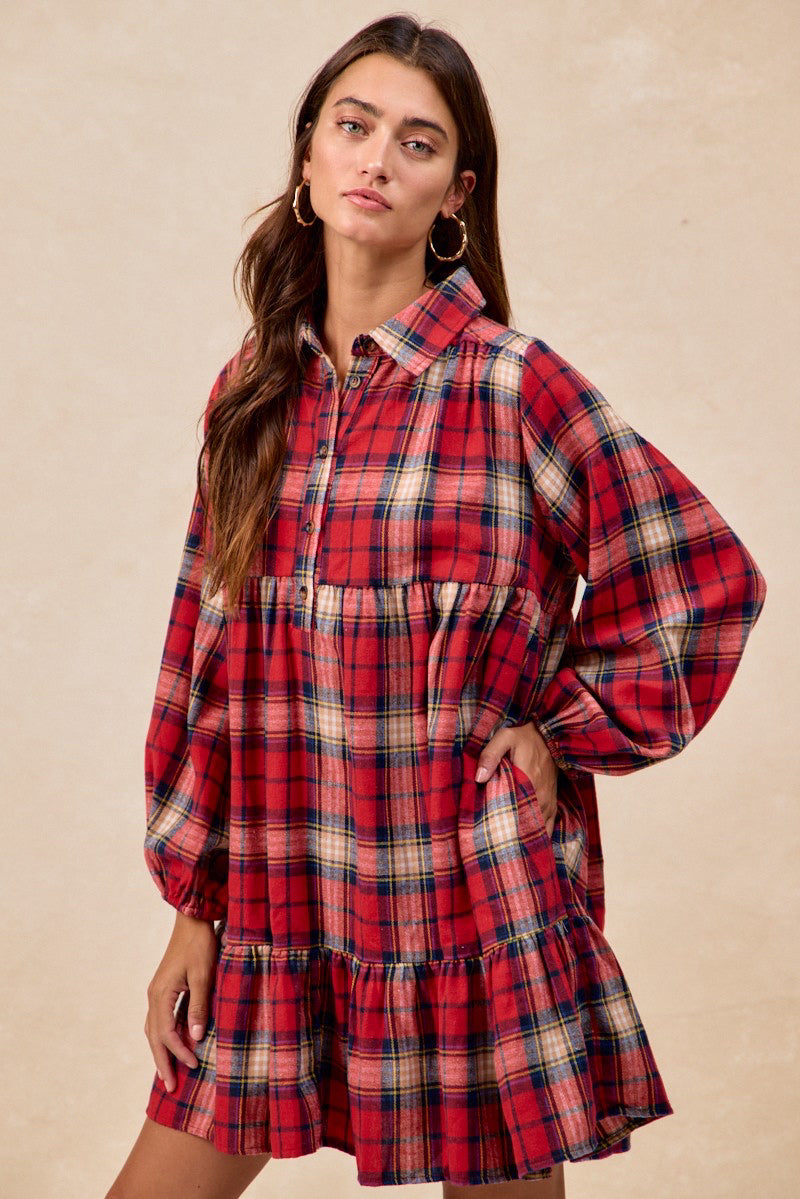 New BIBI Red plaid Size Small Long Sleeve Dress