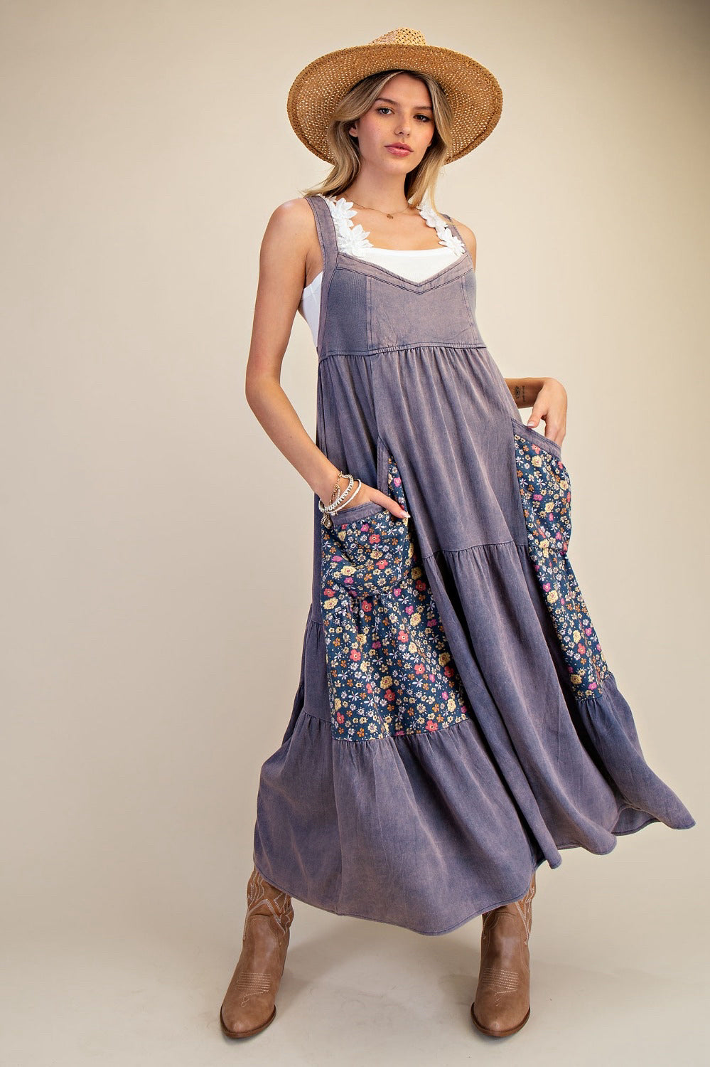 New EASEL Dusty blue Floral Trim Size Small Overall Dress