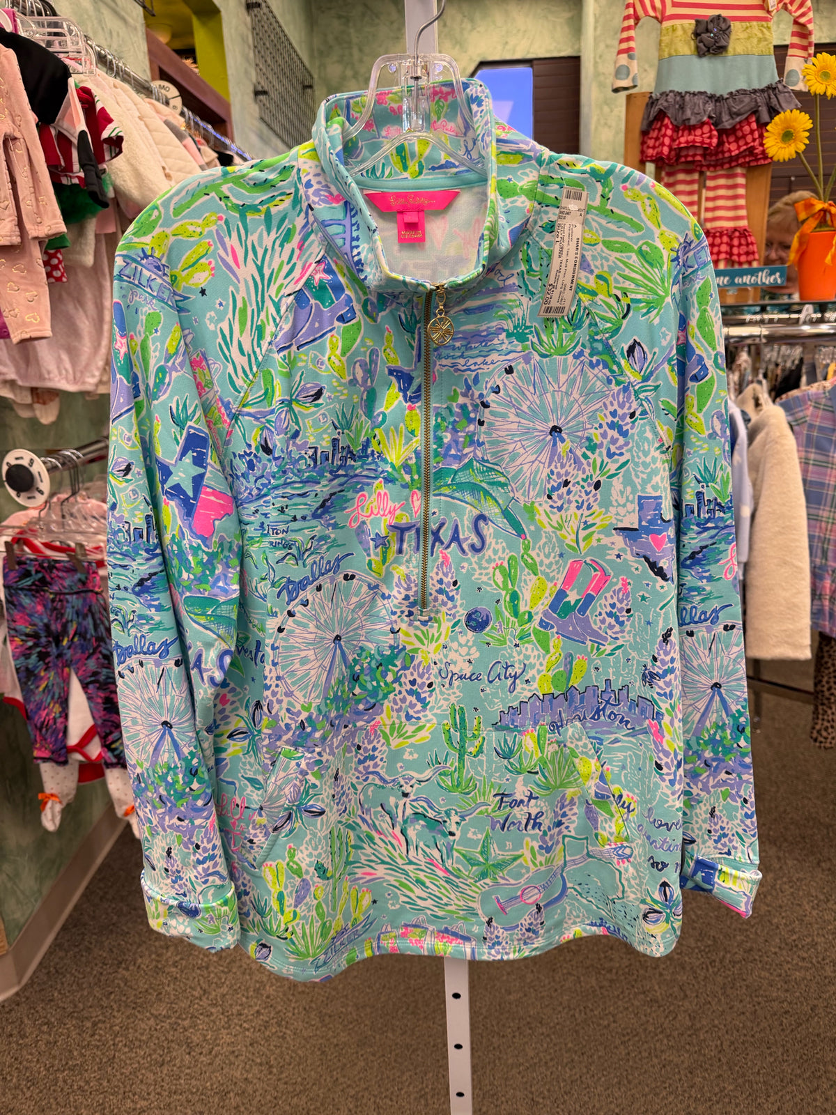 Pre-owned LILLY PULITZER Teal Multi Print Size L Long Sleeve Pullover