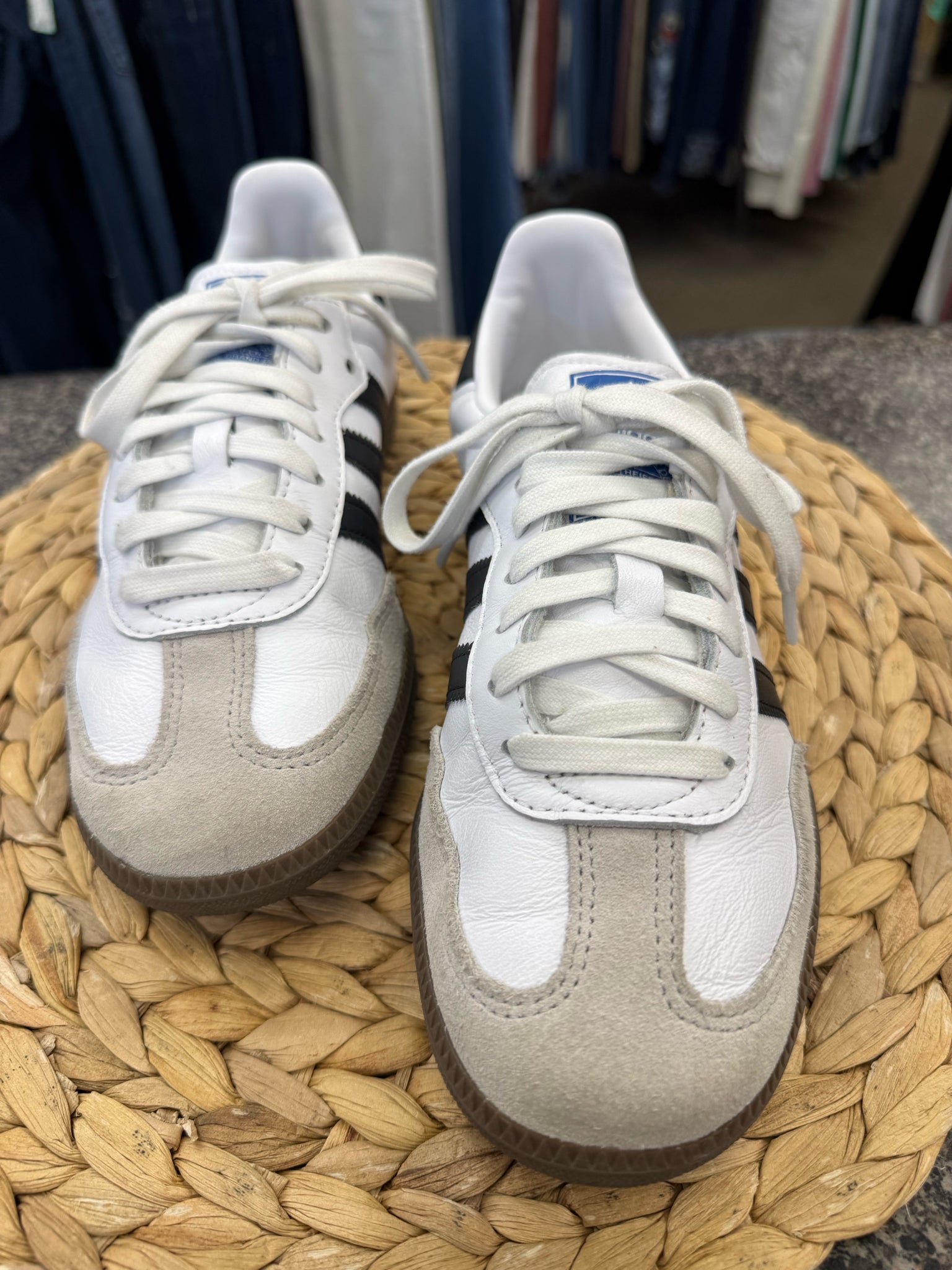 Pre-owned ADIDAS White Blue Stripe Size 8 Designer Shoe