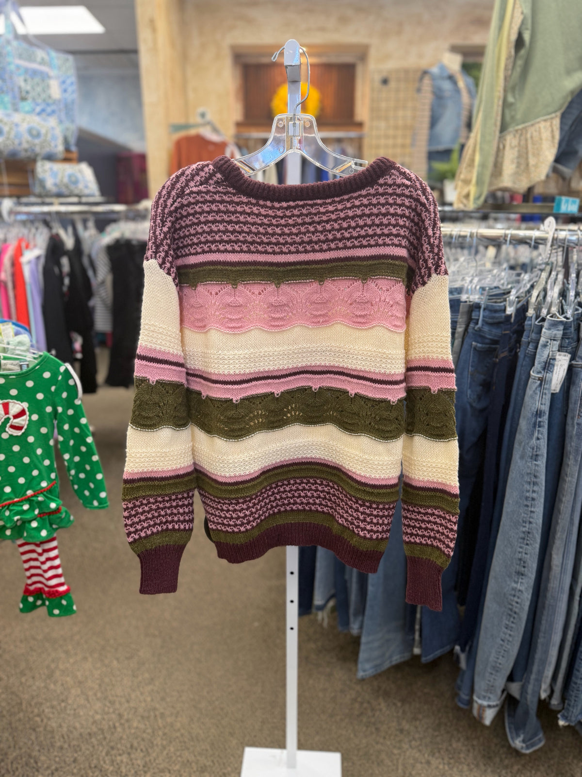 New with Tag ICHI Dark purple Pink Stripe Size: M Long Sleeve Designer Sweater