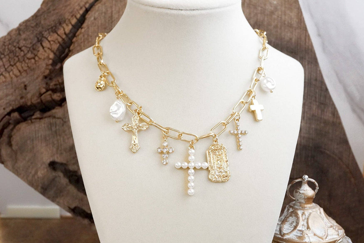 Radiant Faith β Mixed Charm Cascade Necklace in Gold Tone