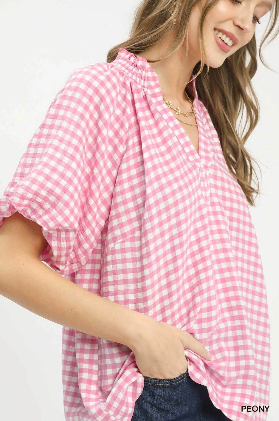 New UMGEE Pink White Size: S Short Sleeve Blouse