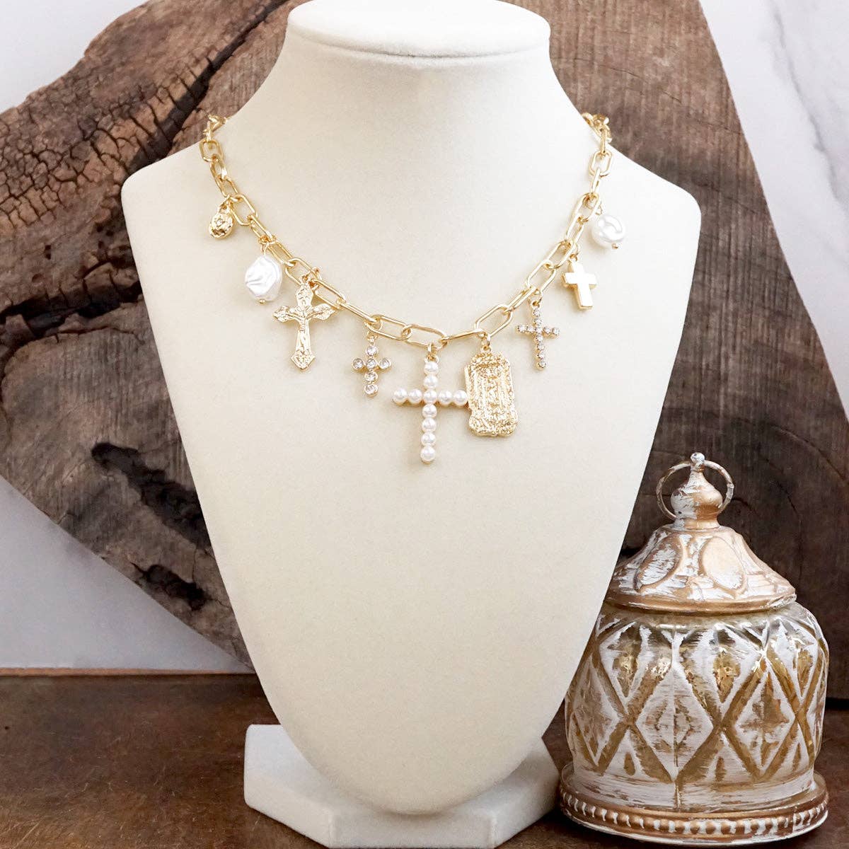 Radiant Faith β Mixed Charm Cascade Necklace in Gold Tone