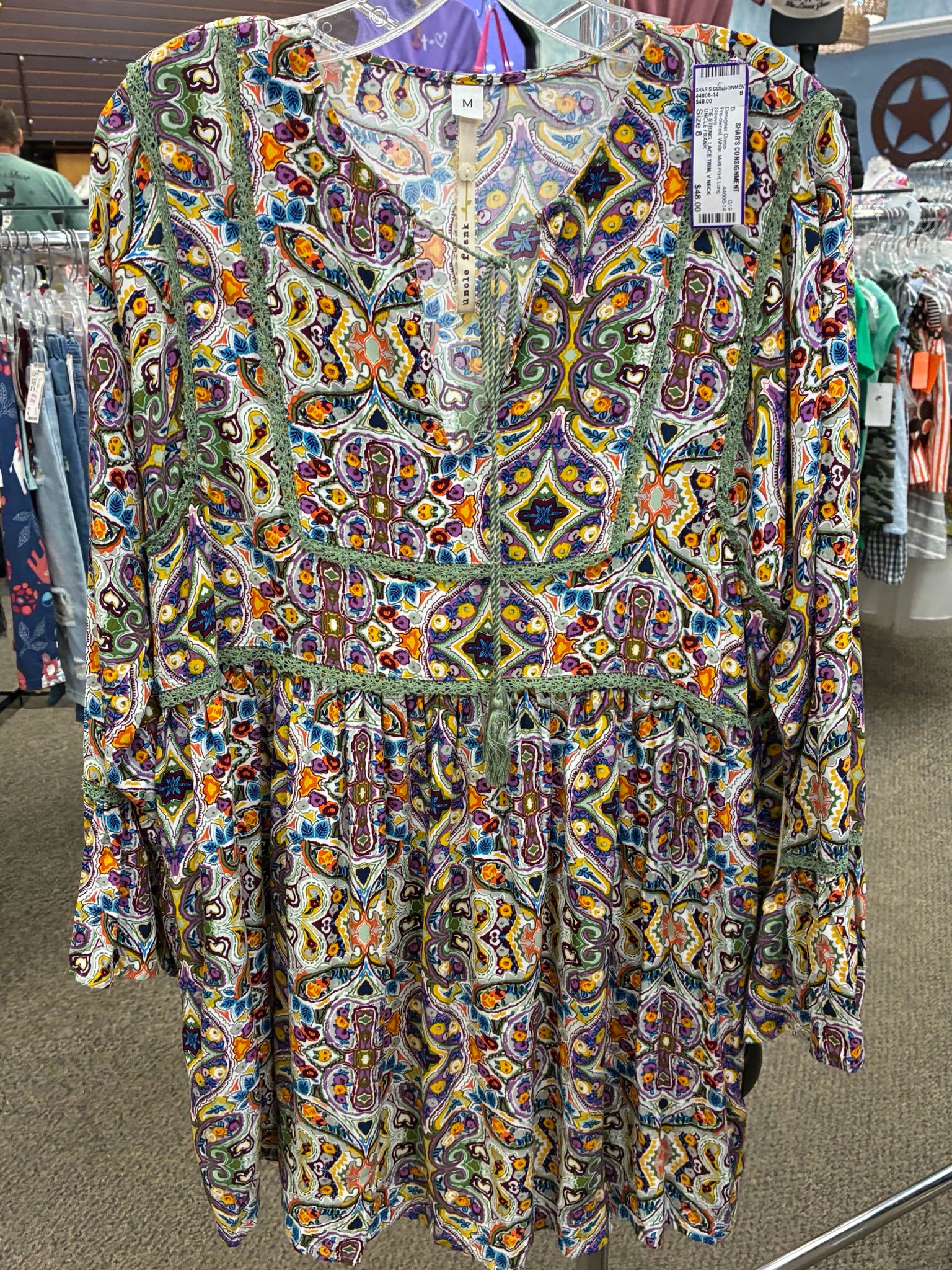 Pre-owned UNCLE FRANK White Multi Print Size 8 Long Sleeve Designer Dress