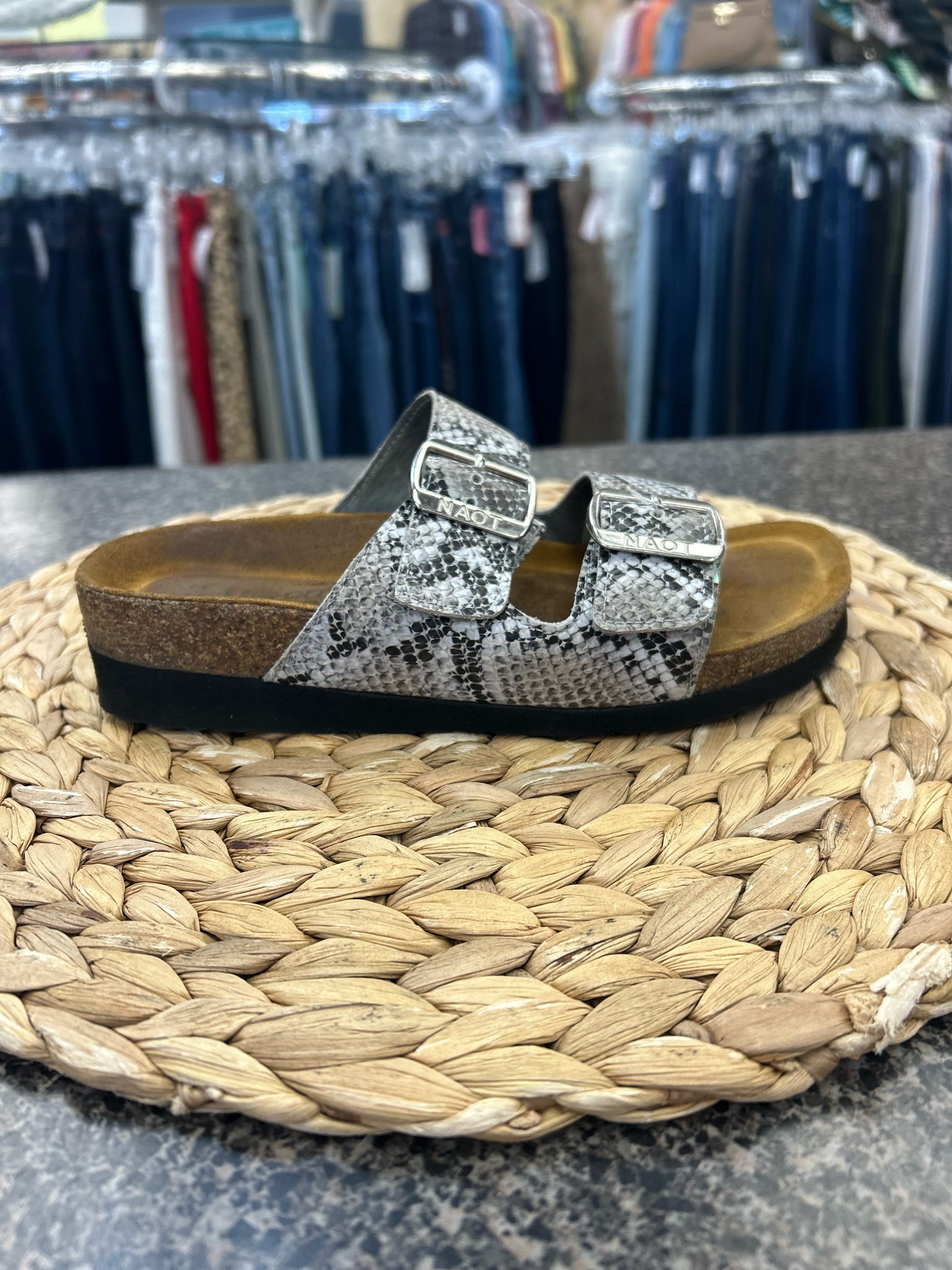 Pre-owned NAOT Gray Snakeskin Size 5 Designer Sandal