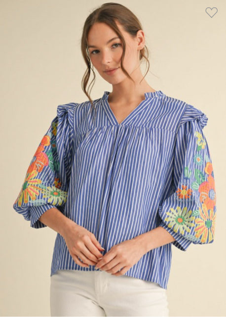 New JODIFL Blue pinstripe Multi Trim Size S Quarter Sleeve Blouse