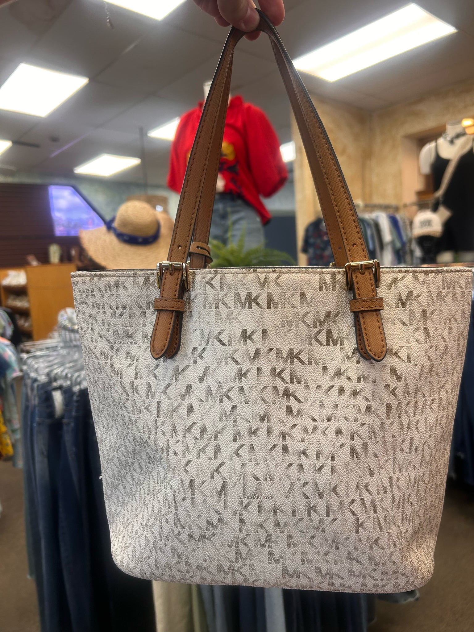 Pre-owned MICHAEL KORS Cream Tan Trim Shoulder Designer Purse
