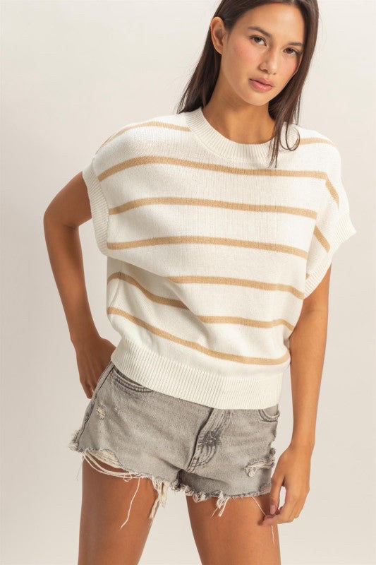 New DOUBLE ZERO Cream stripe Tan Size S Cap Sleeve Sweater