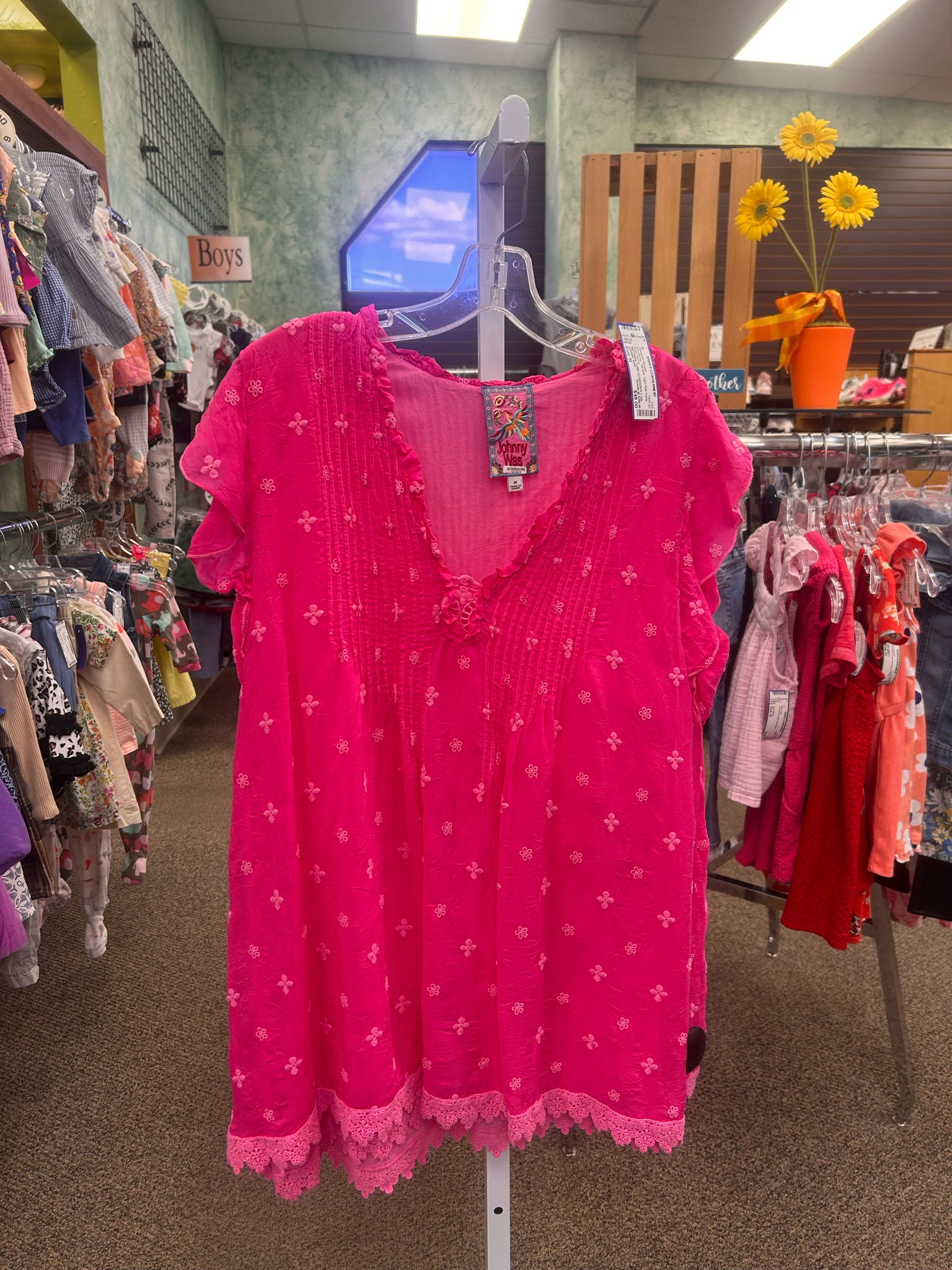Pre-owned JOHNNY WAS Hot pink Light Pink Floral Short Sleeve Designer Blouse