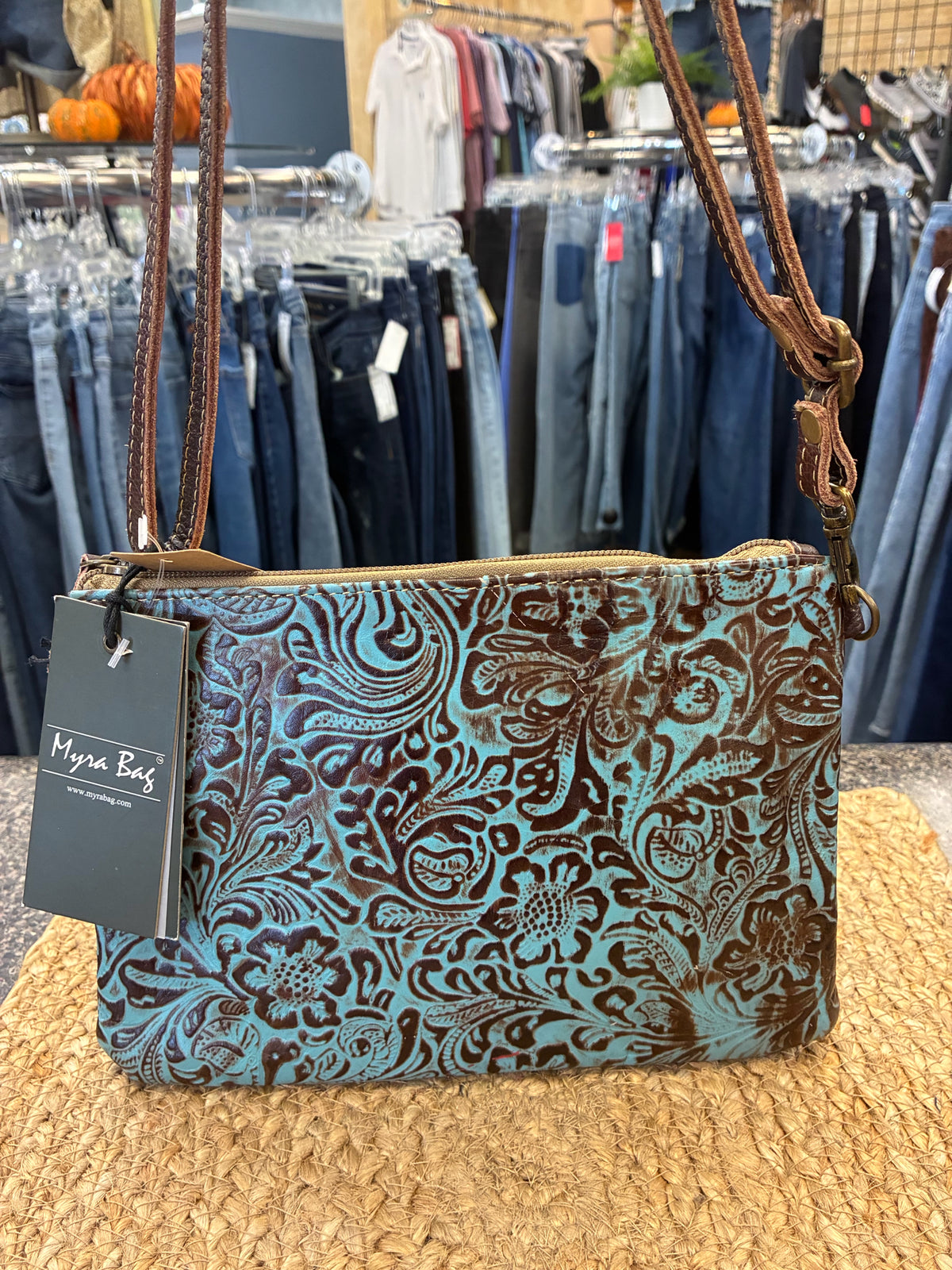 New with Tag Myra Bag Dark brown Turquoise Shoulder Designer Purse