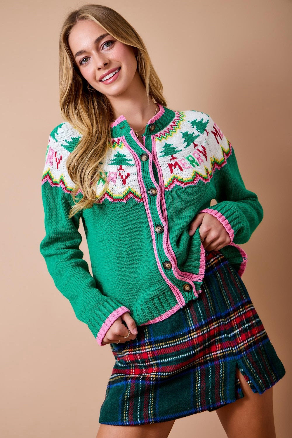 New day + moon Green Print Trim Size S Long Sleeve Sweater