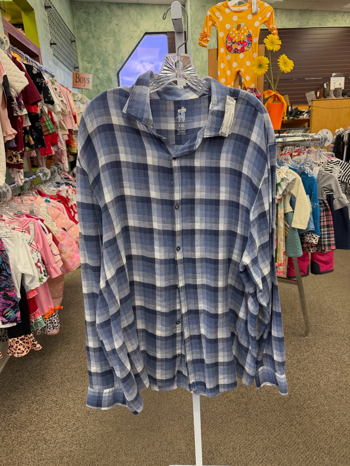 Pre-owned JOHNNIE M. White Blue Plaid Men Size 2X Long Sleeve MENS Shirts