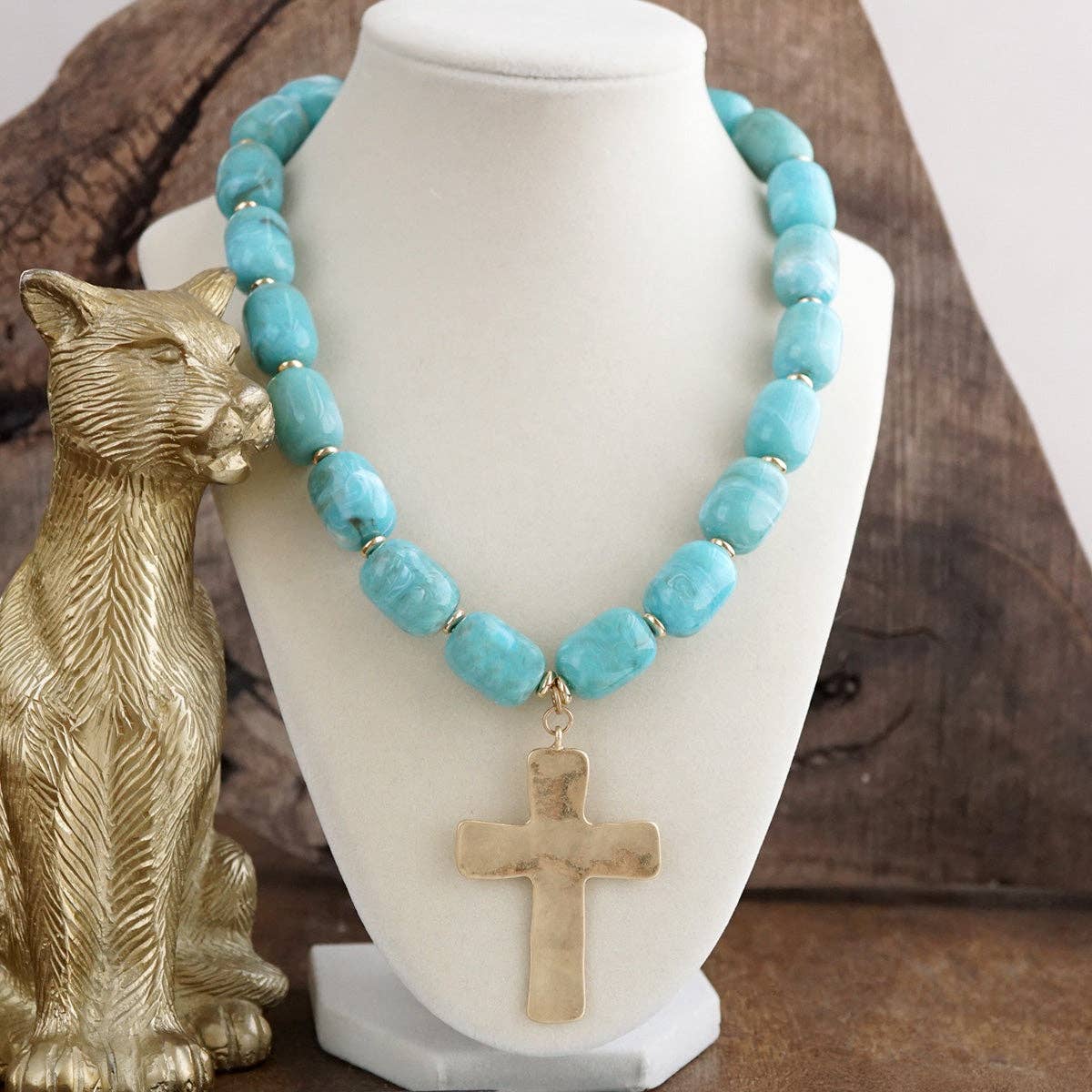 Chunky Statement Necklace – Acrylic Beads Gold Cross Necklace: Seaglow Amber