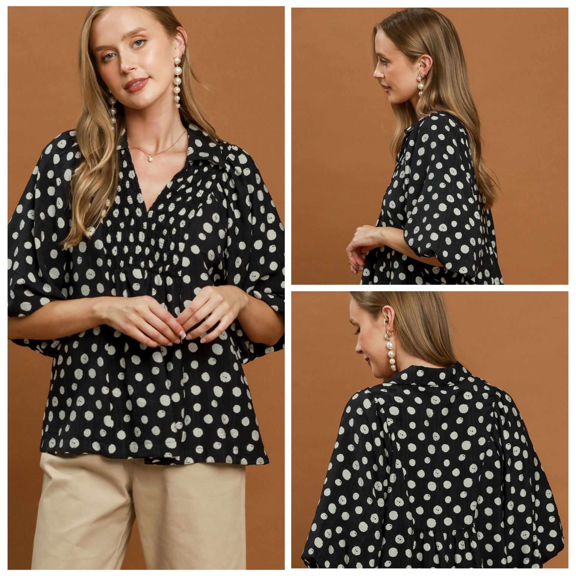 New UMGEE Black polka Size: S Short Sleeve Blouse