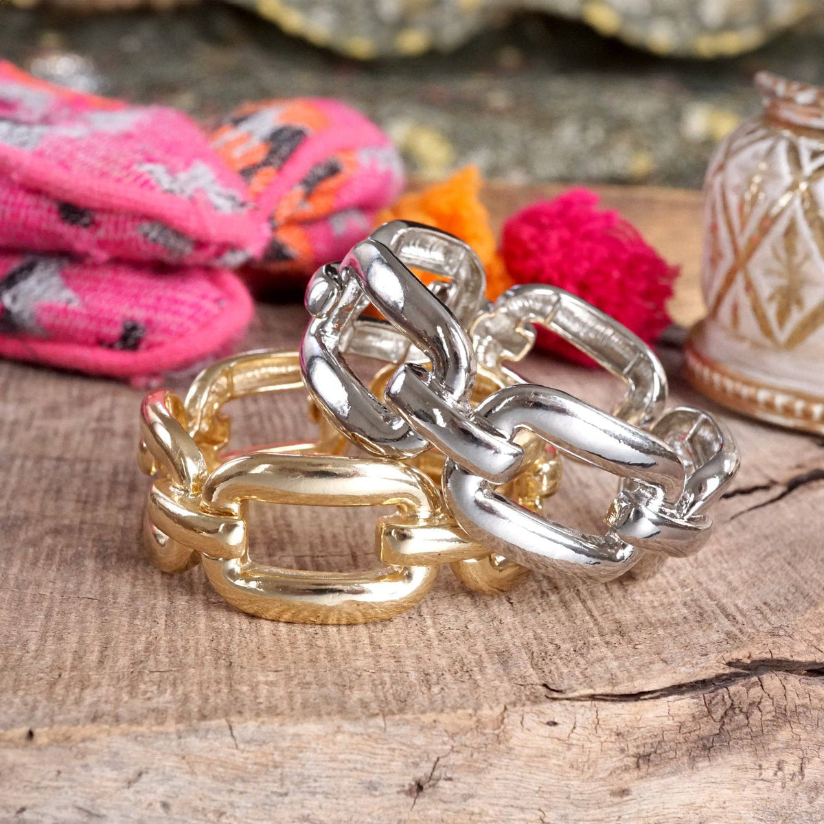 Chunky Chain Statement Stretchy Bangle Bracelet in gold or silver tone: Gold Tone