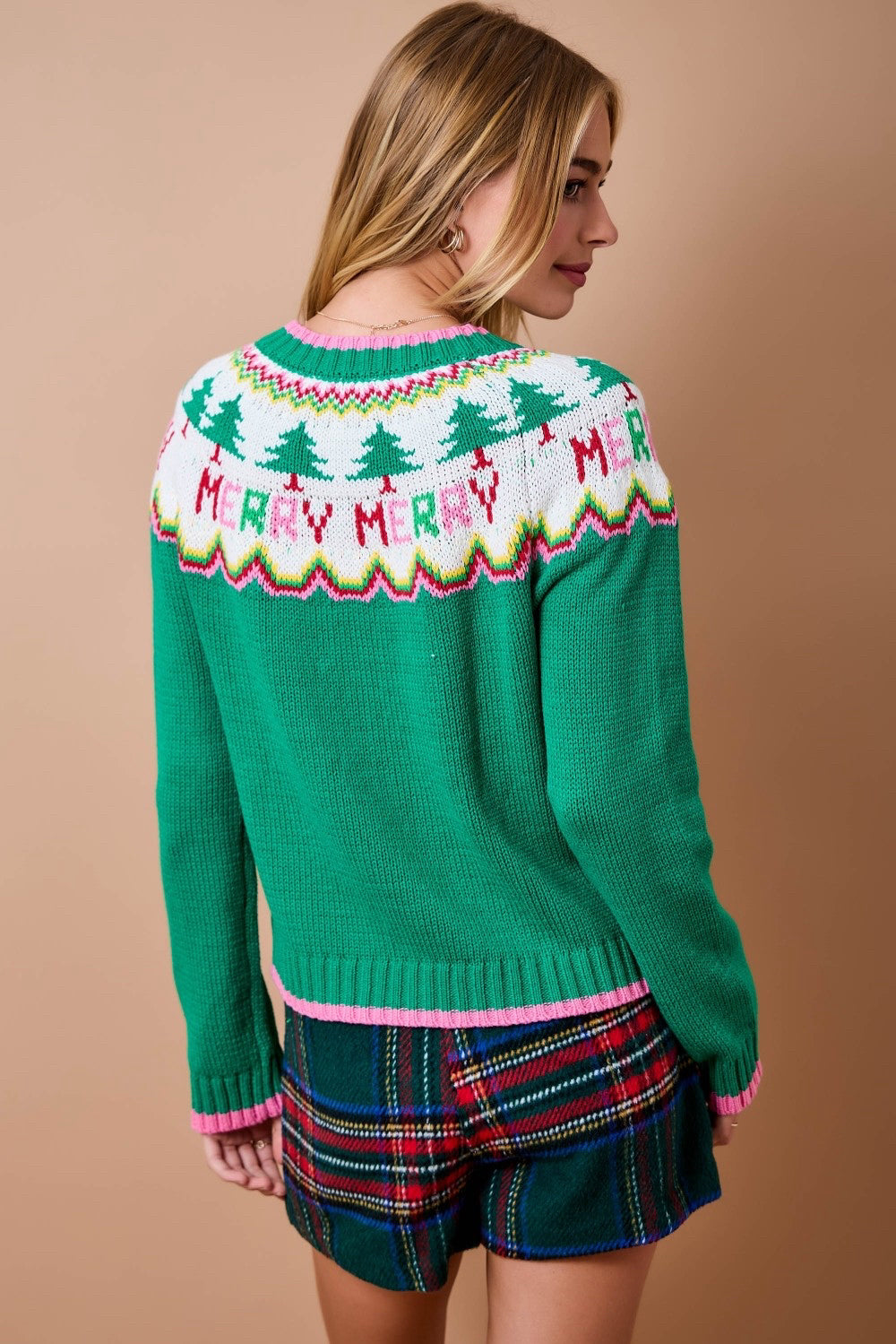 New day + moon Green Print Trim Size S Long Sleeve Sweater