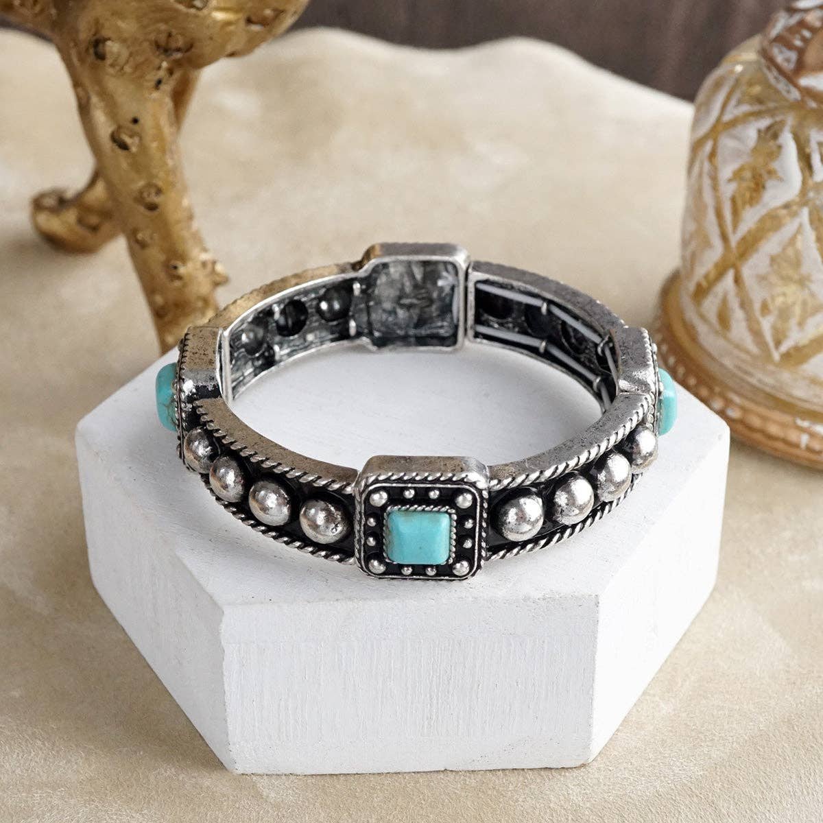 Desert Song – Boho Western Stretch Bangles with Turquoise: Cross