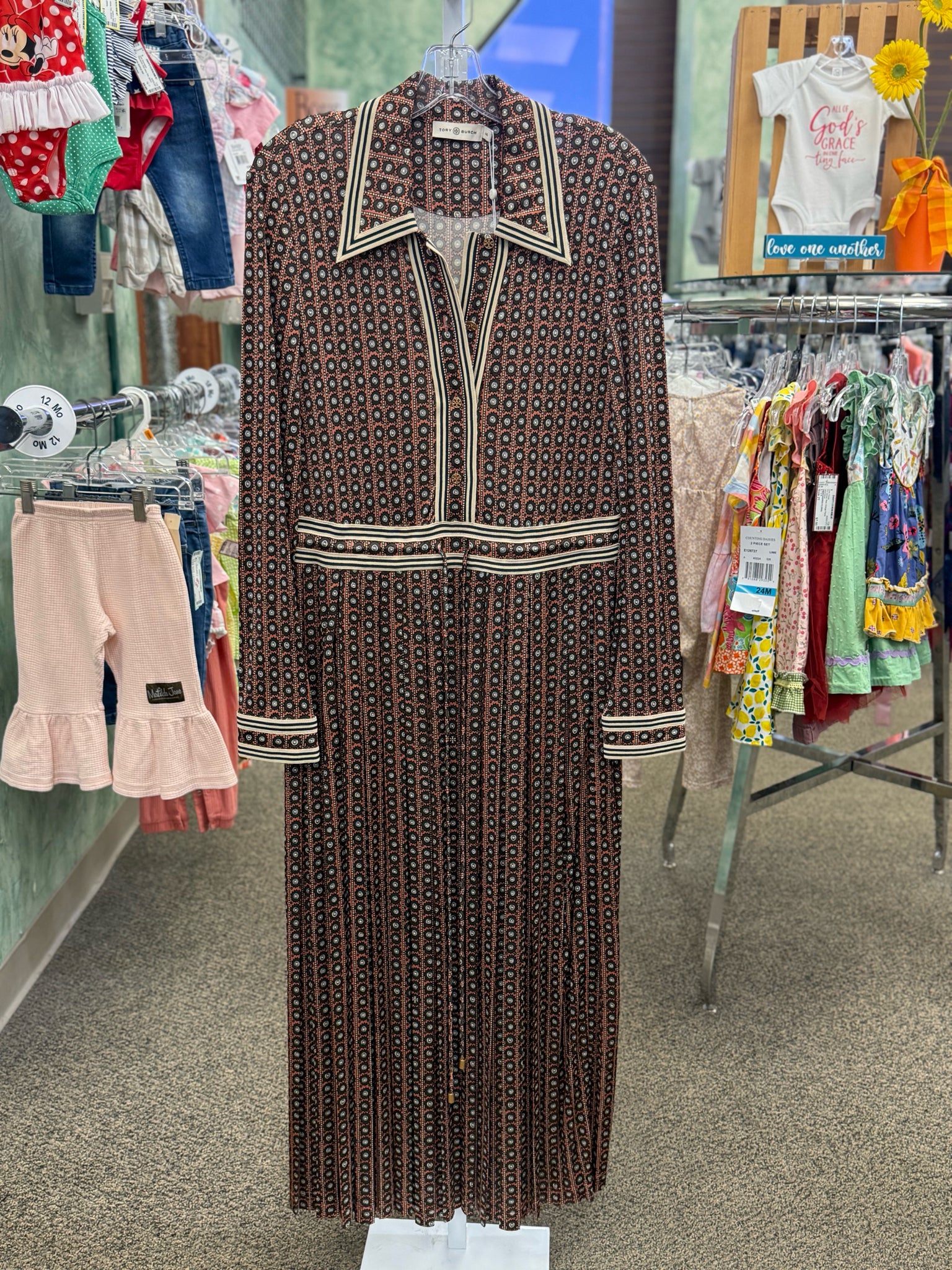 New with Tag TORY BURCH Brown Cream Trim Size 10 Long Sleeve Designer Dress
