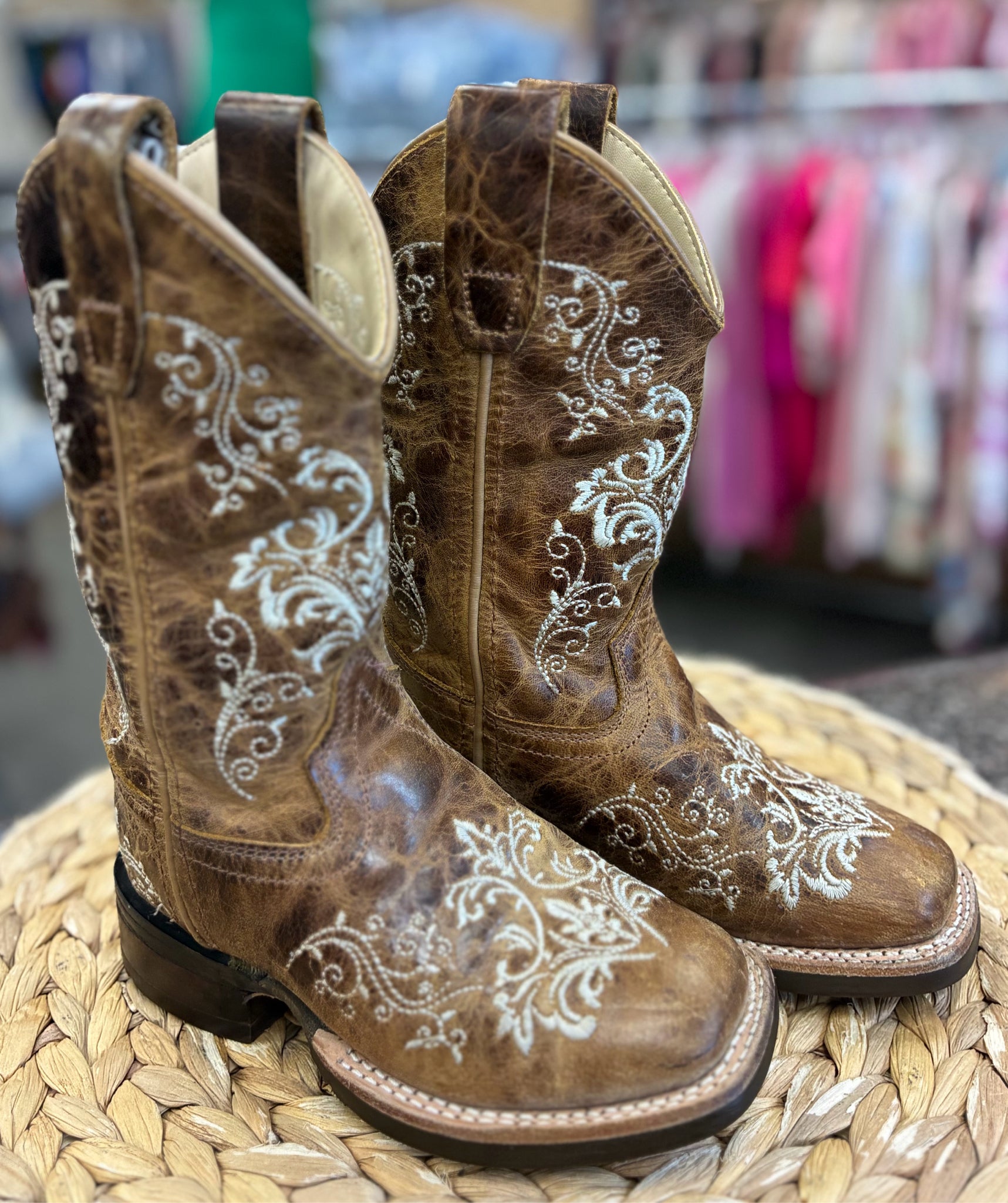 Pre-owned OLD WEST Brown White Floral Shoe Size 9 Girls Boot