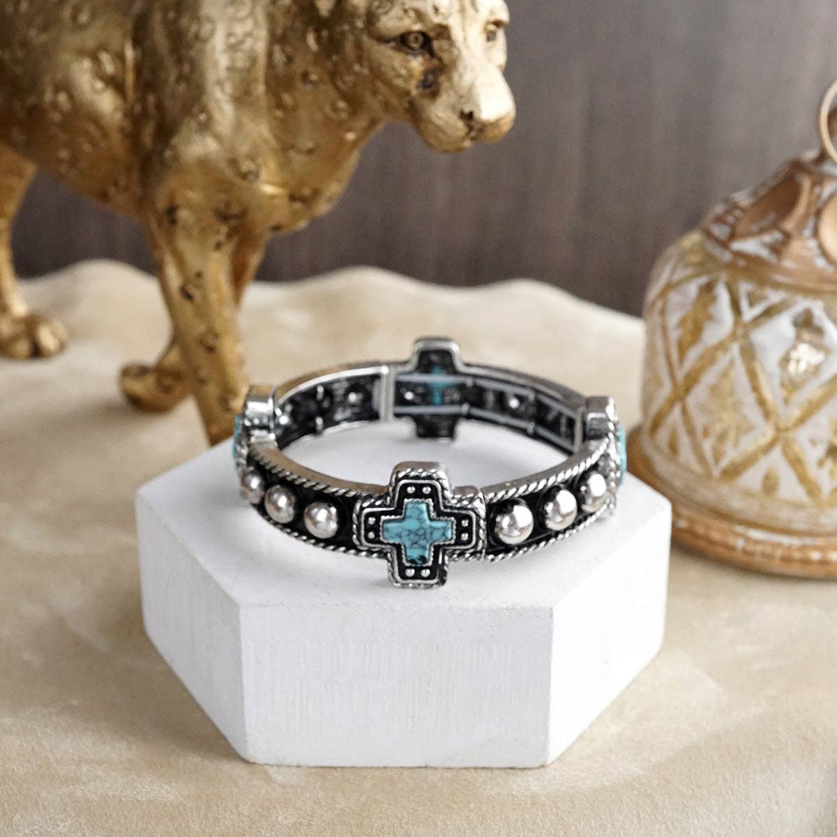 Desert Song – Boho Western Stretch Bangles with Turquoise: Cross