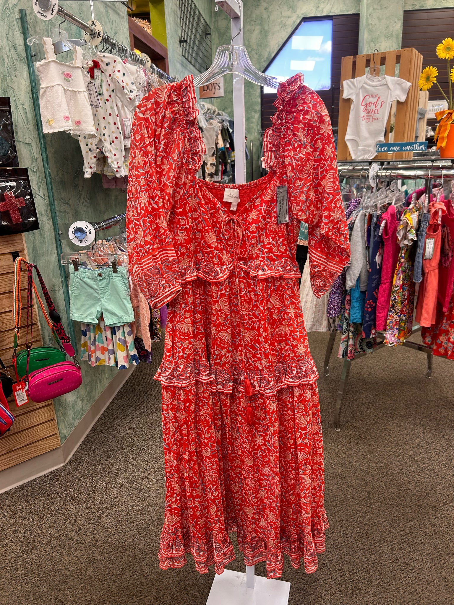 Pre-owned CLEOBELLA Red Cream Print Size 6 Long Sleeve Designer Dress