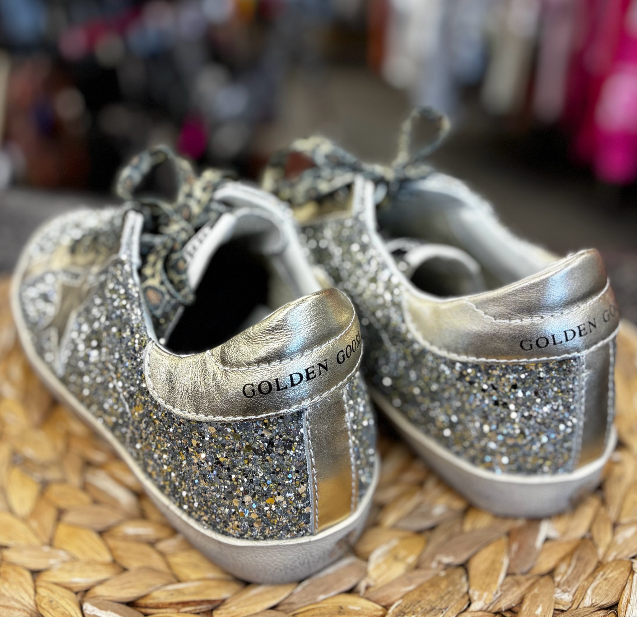 Pre-owned Golden Goose Silver sparkle Gold Trim Size 7.5 Designer Sneaker