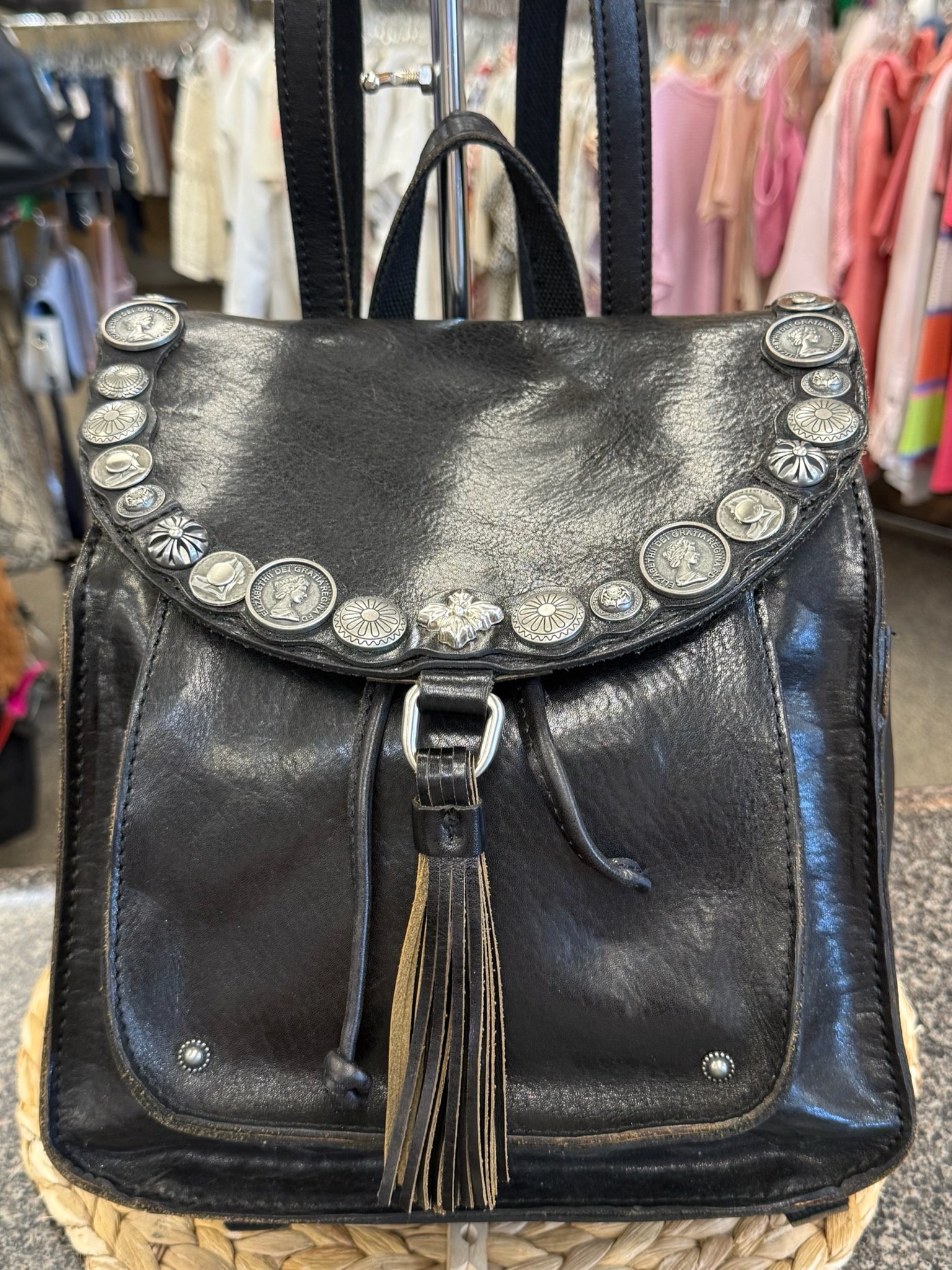 Pre-owned PATRICIA NASH Black Silver Trim Backpack Designer Purse