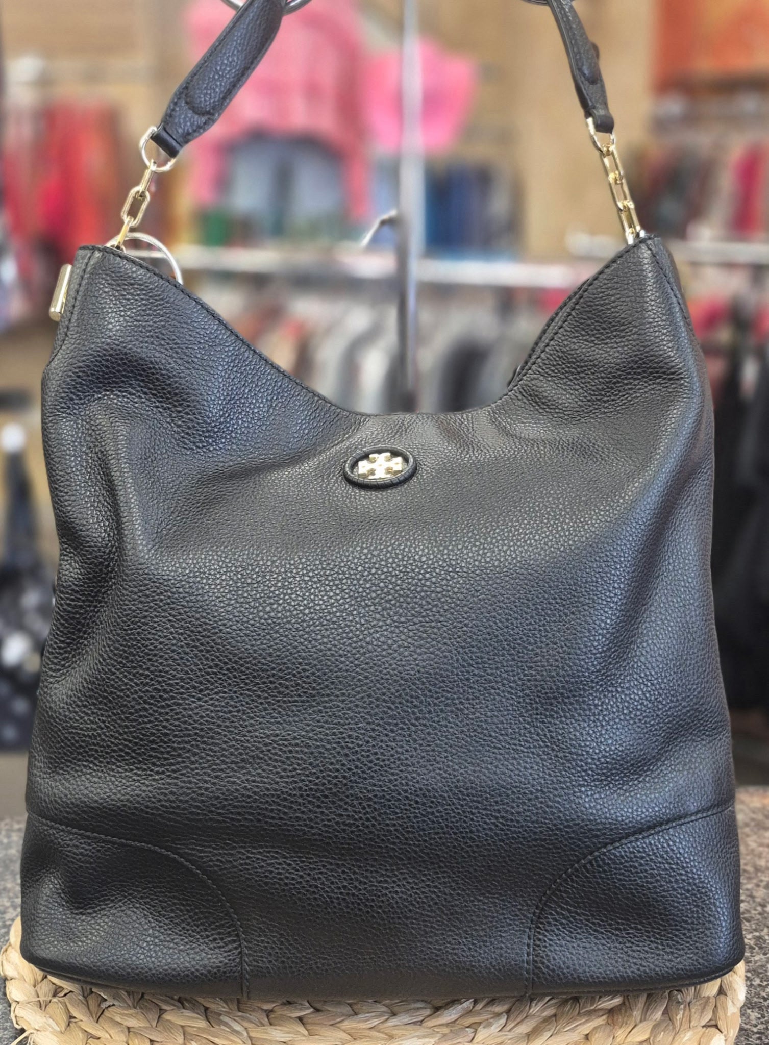 Pre-owned TORY BURCH Black Gold Trim Shoulder Designer Purse