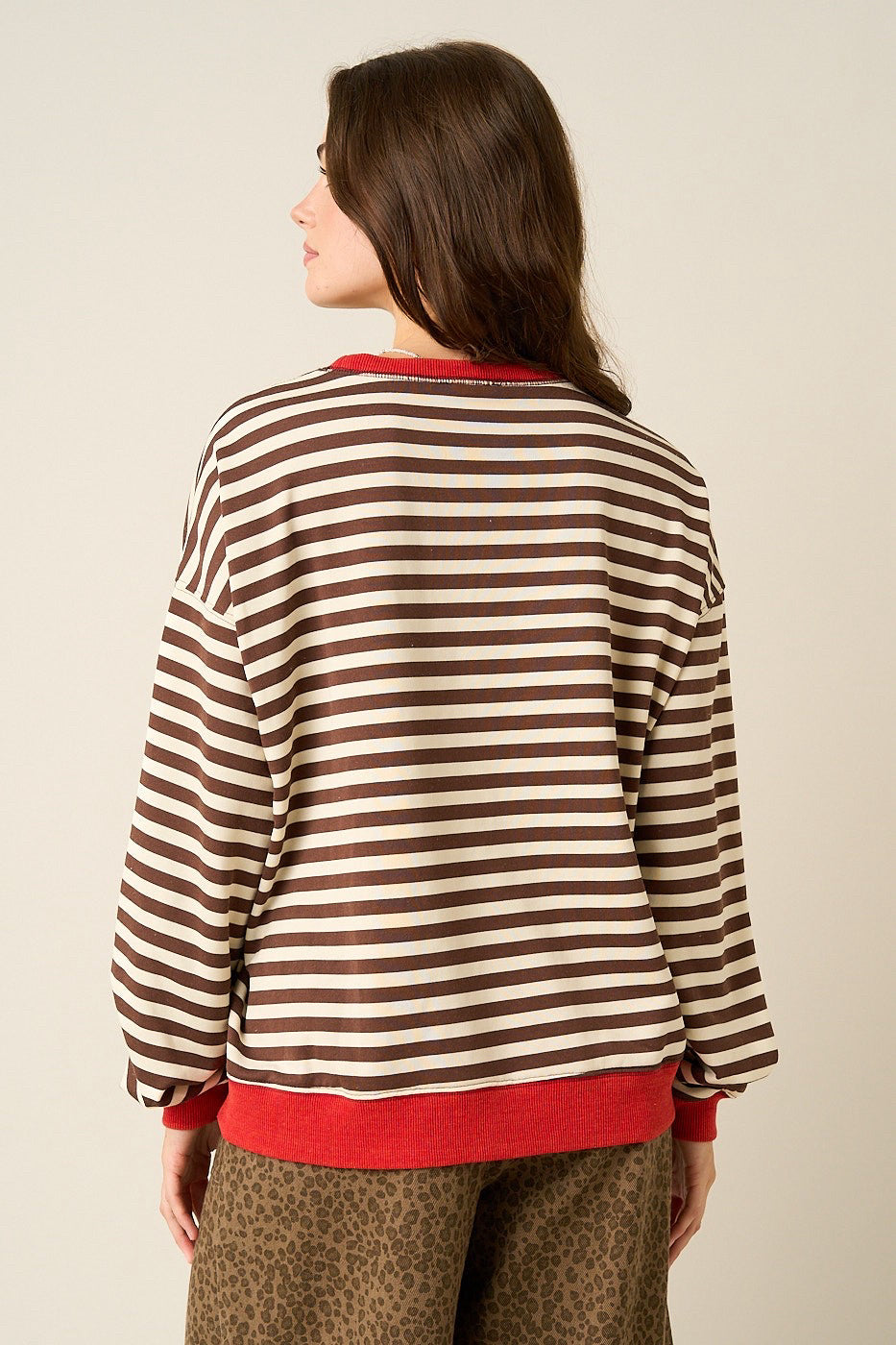 New MITTOSHOP Brown stripe Red Trim Size S Long Sleeve Sweatshirt