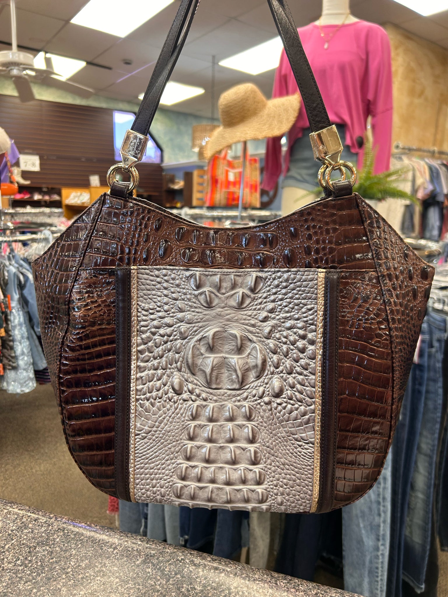Pre-owned BRAHMIN Dark brown Cream Animal Shoulder Designer Purse